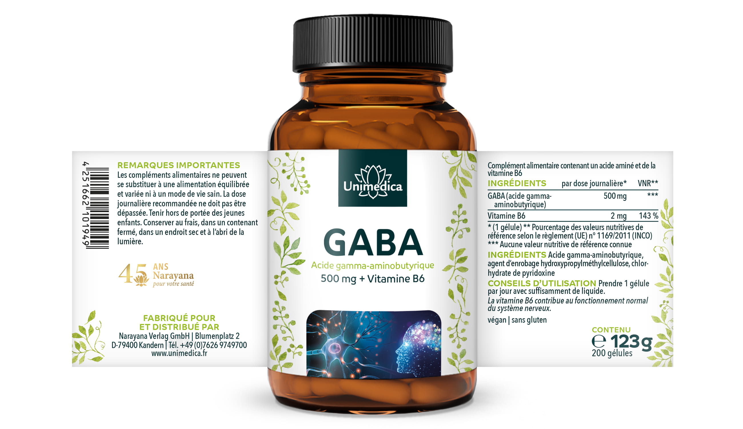 GABA - 500 mg par dose quotidienne (1 gélule) - 200 gélules - Unimedica