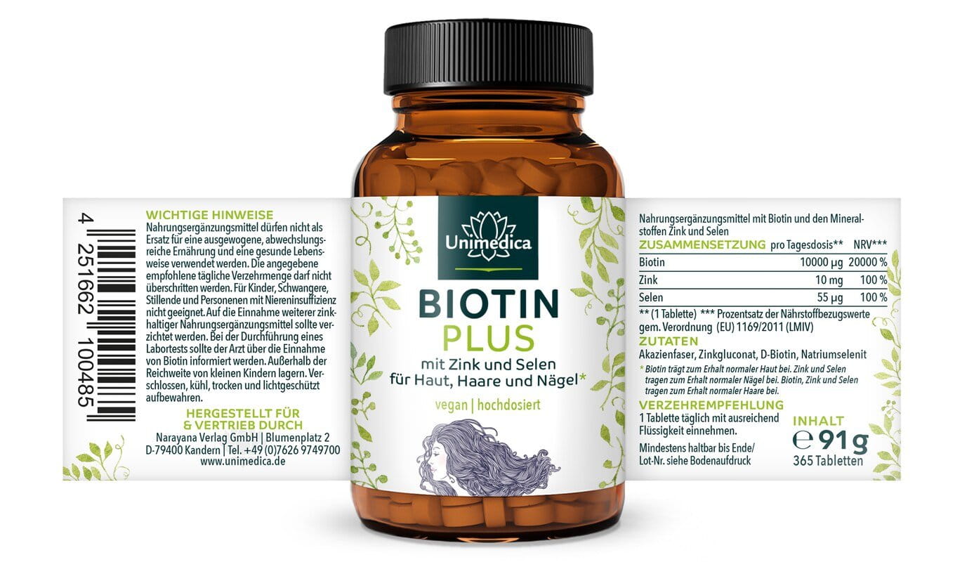 Biotin Plus mit Selen und Zink* - für Haut, Haare und Nägel - ultra hochdosiert - 365 Tabletten - von Unimedica