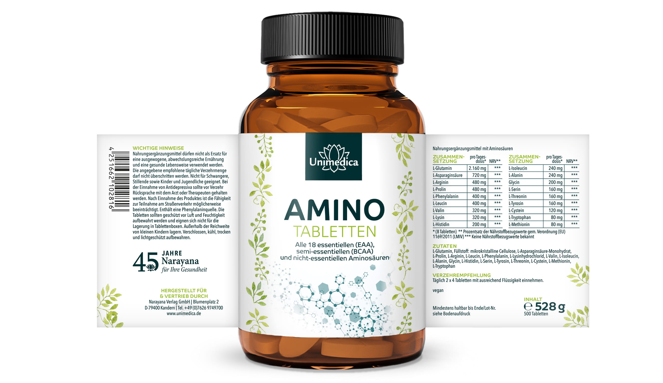 Amino Tabletten - 500 Tabletten à 1.000 mg - alle 18 essenziellen (EAA), semi-essenziellen (BCAA) und nicht-essenziellen Aminosäuren - von Unimedica
