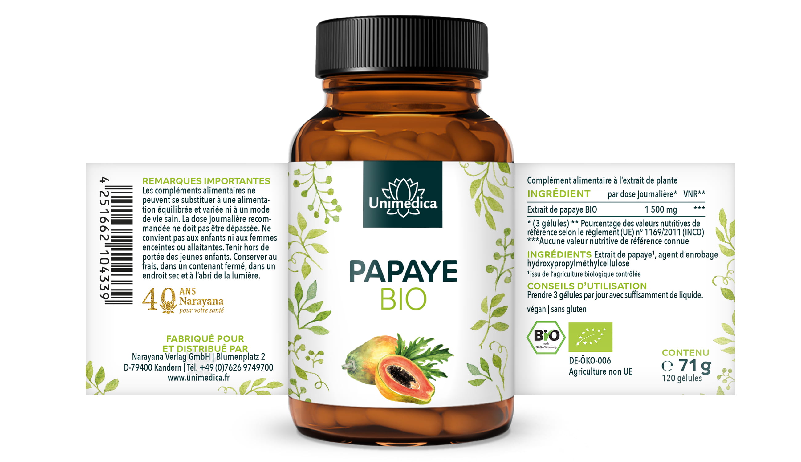 Lot de 2: Extrait de papaye BIO  1 500 mg par dose journalière - 120 gélules - par Unimedica