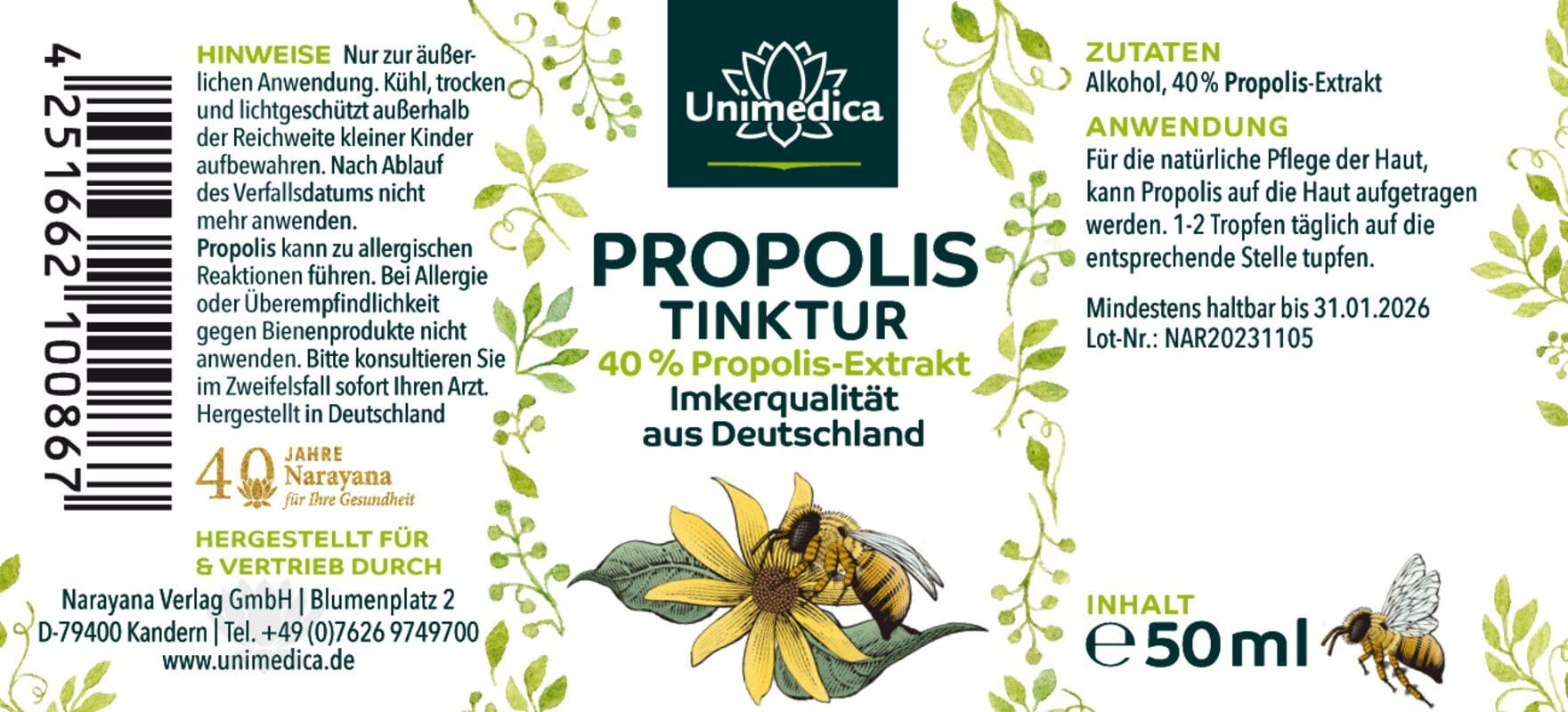 Teinture de propolis 40 % - 50 ml - par Unimedica