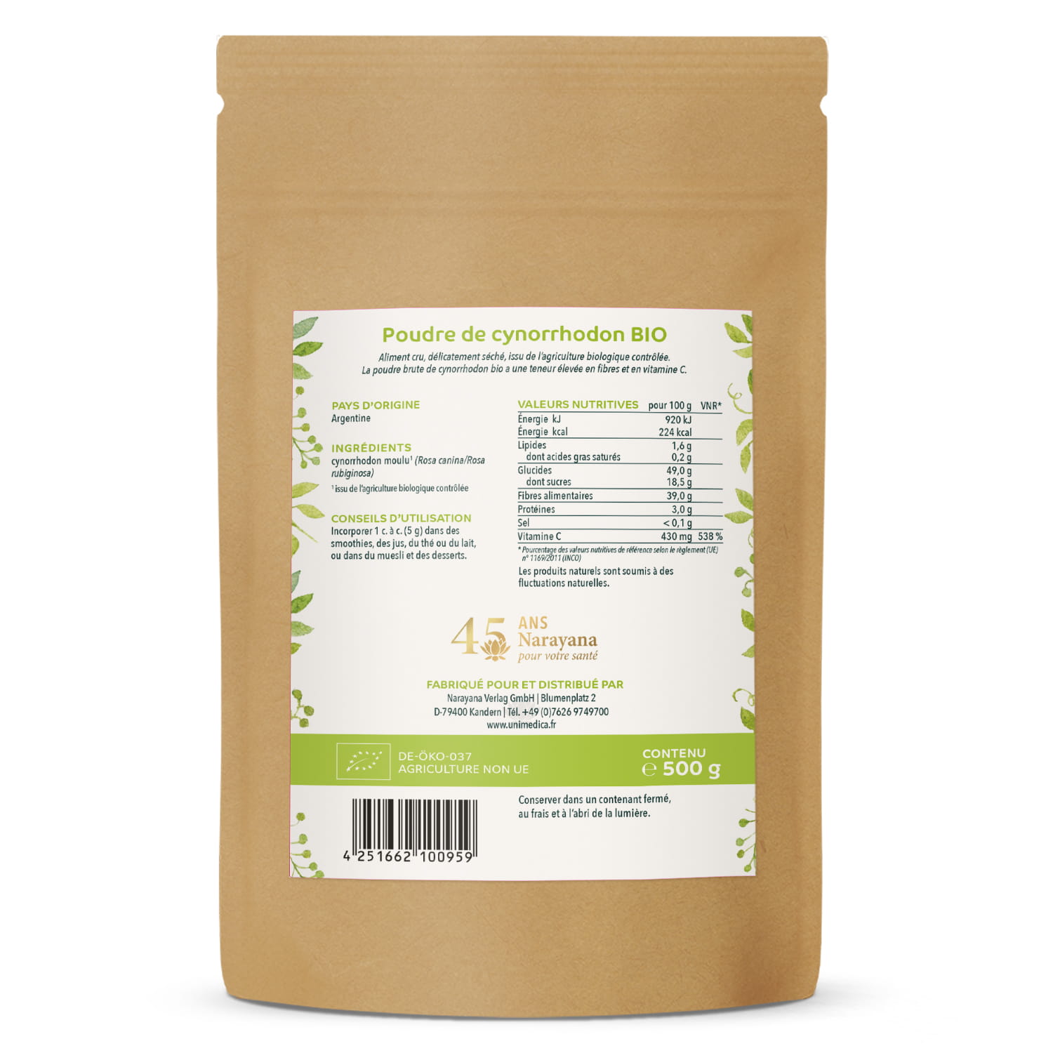 Poudre de cynorrhodon bio - vitamine C naturelle - riche en fibres - 500 g - de Unimedica