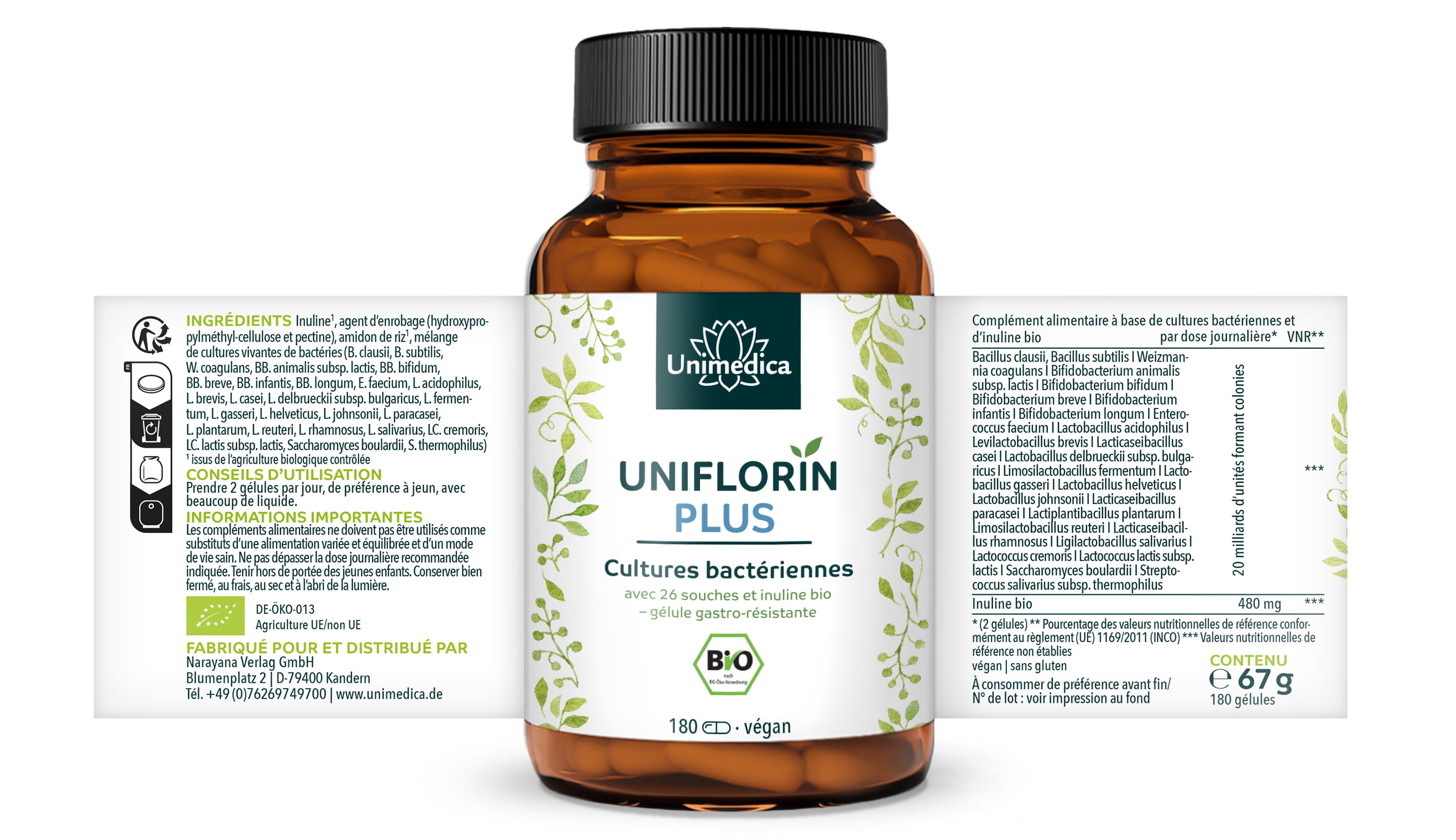 Uniflorin Plus avec complexe de cultures issues de 26 souches bactériennes et d'inuline BIO - 20 milliards d'UFC par dose journalière (2 gélules) - 180 gélules entériques - par Unimedica