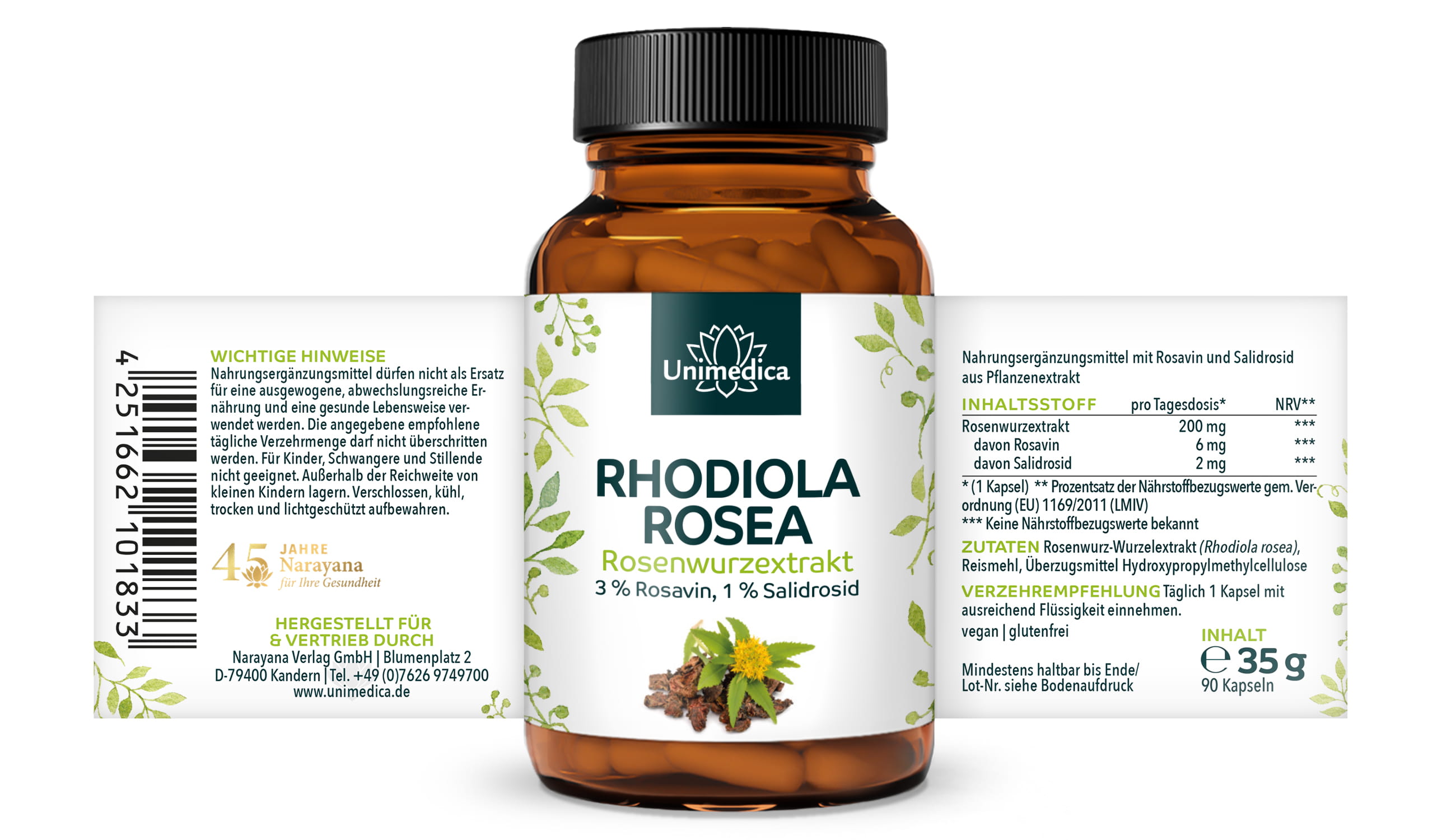 2er-Sparset: Rhodiola Rosea - Rosenwurzextrakt - 200 mg pro Tagesdosis (1 Kapsel) - 2 x 90 Kapseln - von Unimedica