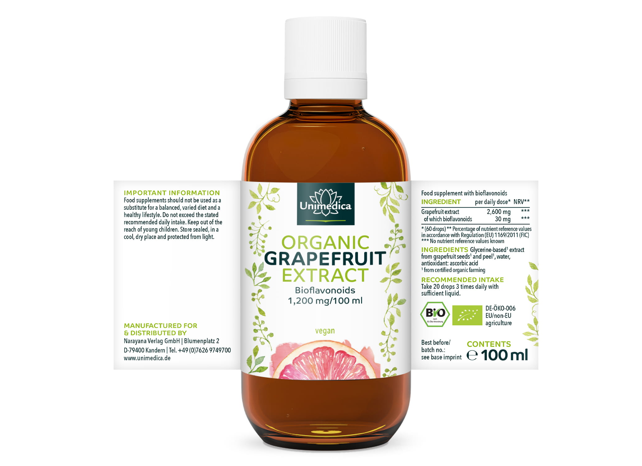 Organic grapefruit seed extract - 2,600 mg per daily dose (3 x 20 drops) - 100 ml - from Unimedica