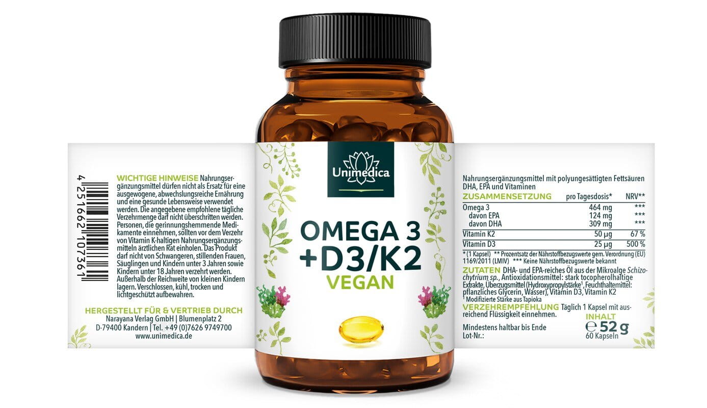 Vegan Omega 3 + Vitamin D3 + K2 - Algenöl - 60 Softgelkapseln - von Unimedica