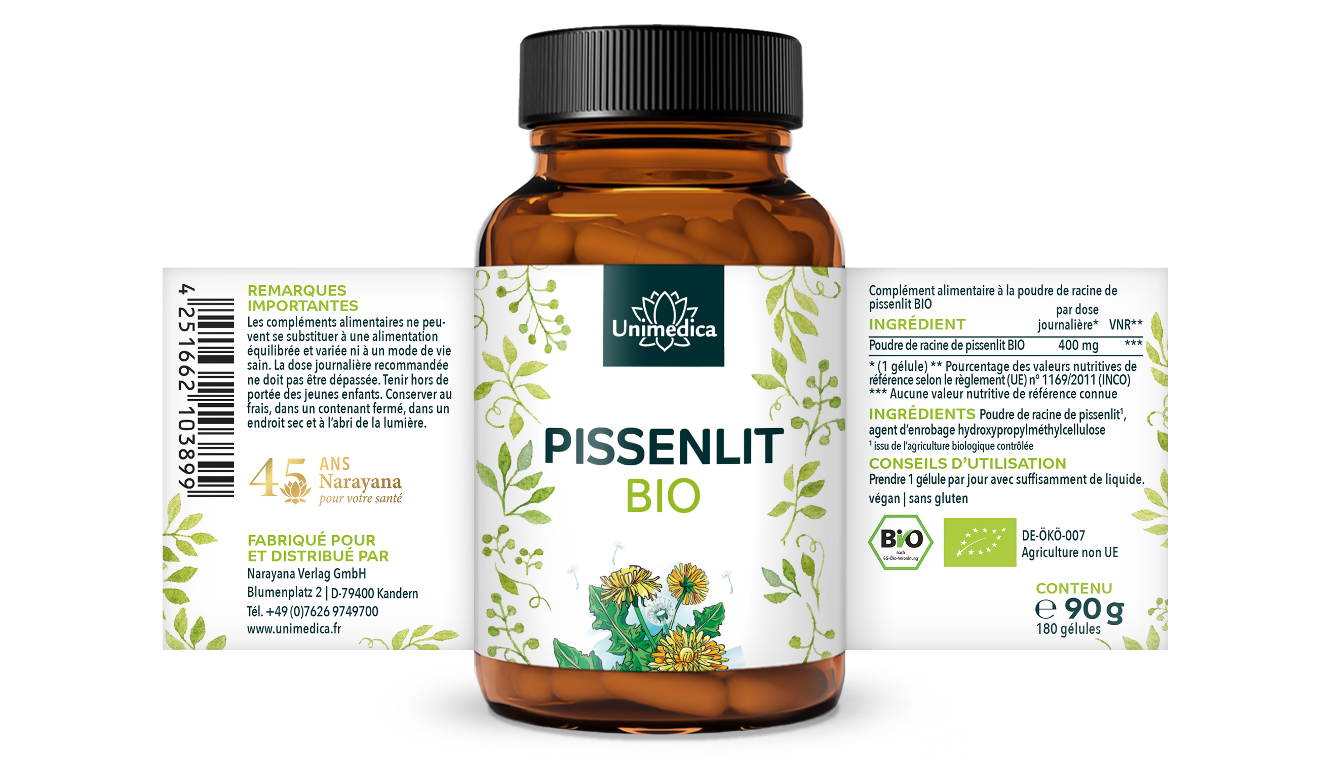 Bio Löwenzahn - 400 mg pro Tagesdosis (1 Kapsel) - 180 Kapseln - von Unimedica