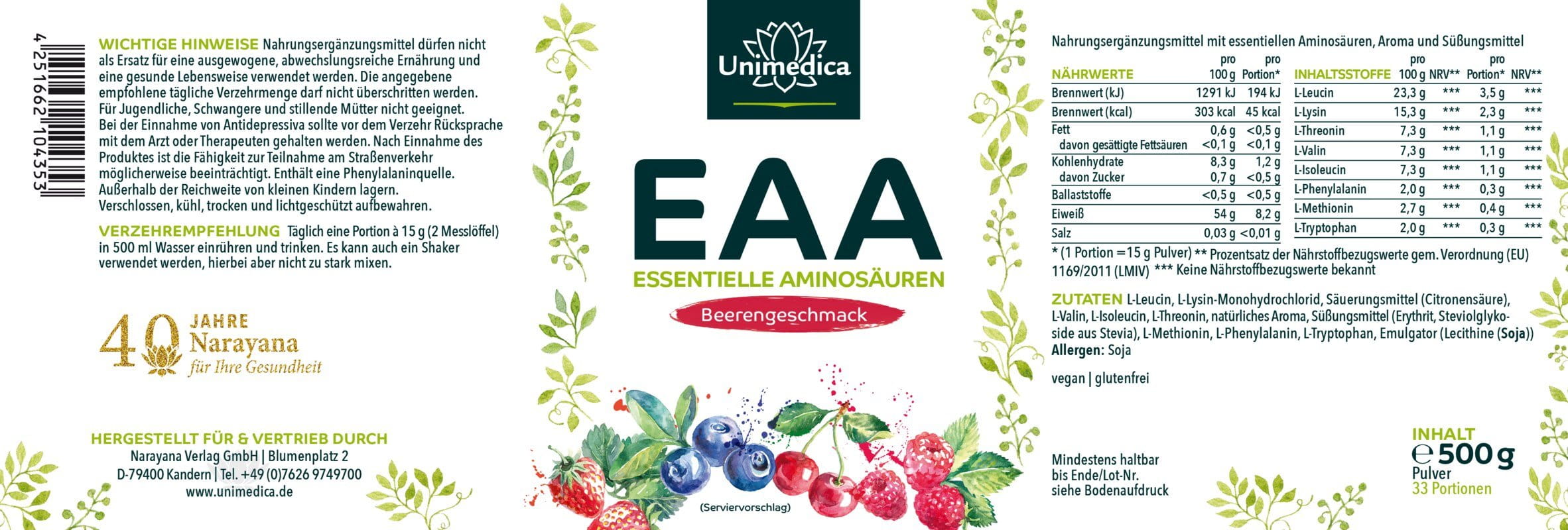 2er-Sparset: EAA - Essentielle Aminosäuren - Pulver mit Beerengeschmack - 2 x 500 g - von Unimedica