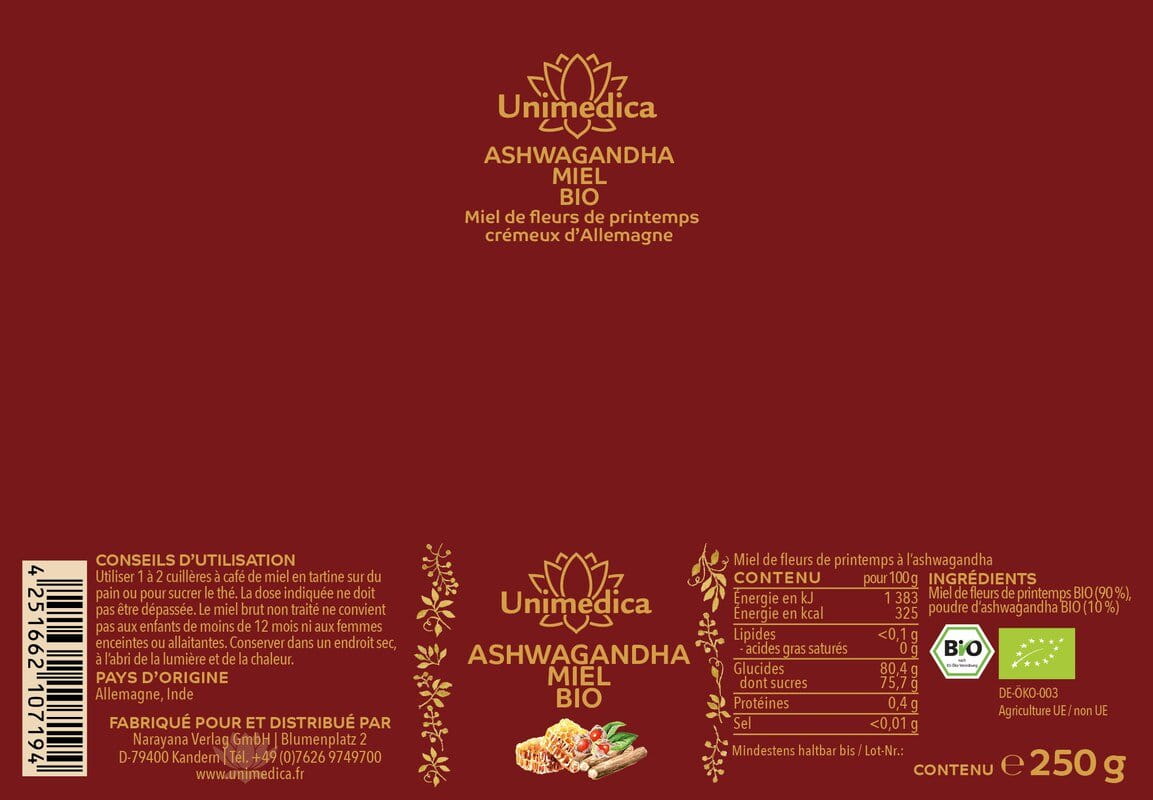 Miel à l'ashwagandha BIO  miel de fleurs de printemps - crémeux - origine Allemagne - 250 g - par Unimedica