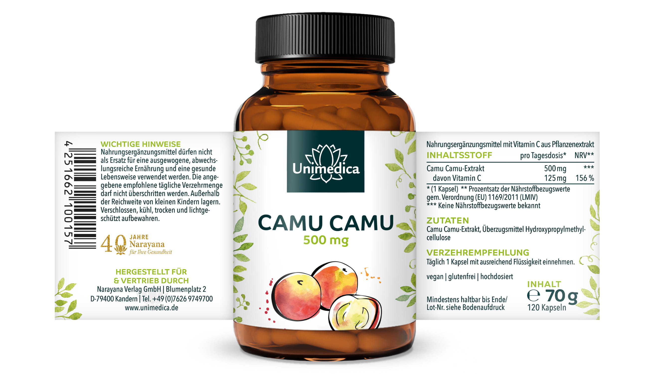 Camu Camu Extrakt - 500 mg pro Tagesdosis (1 Kapsel) - hochdosiert - 120 Kapseln - von Unimedica