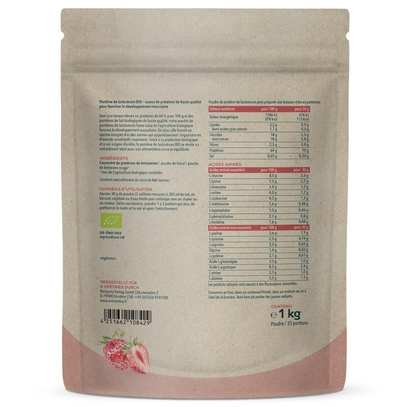 Protéines de lactosérum bio - Fraise - 64 % de protéines - 1 kg - par Unimedica
