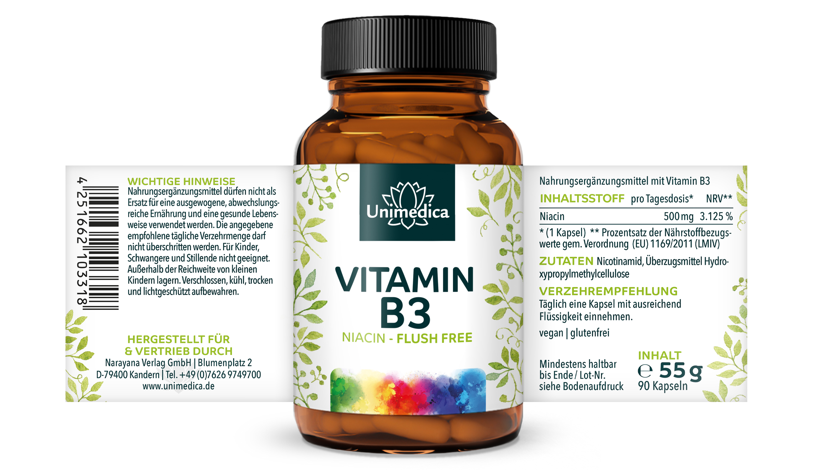 2er-Sparset: Vitamin B3 Niacin "Flush Free" - 500 mg pro Tagesdosis (1 Kapsel) - 2 x 90 Kapseln - von Unimedica