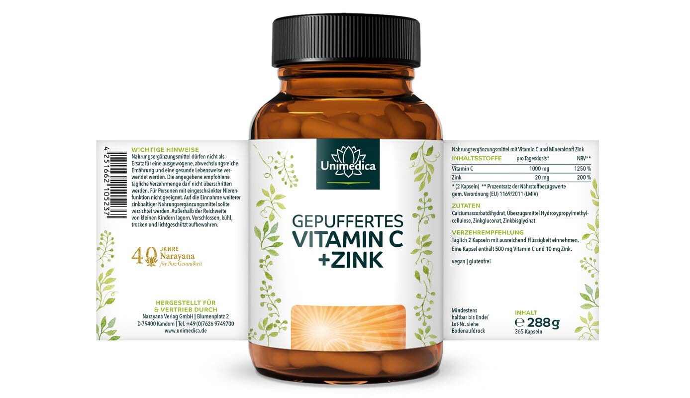 Vitamin C - gepuffert und mit Zink - 1.000 mg Vitamin C und 20 mg Zink pro Tagesdosis (2 Kapseln) - 365 Kapseln - von Unimedica