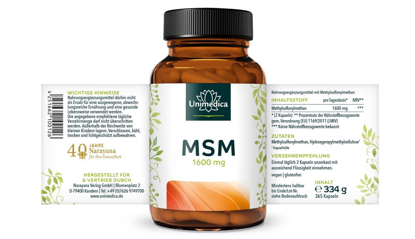 MSM - 1.600 mg pro Tagesdosis (2 Kapseln) - hochdosiert - 365 Kapseln - von Unimedica