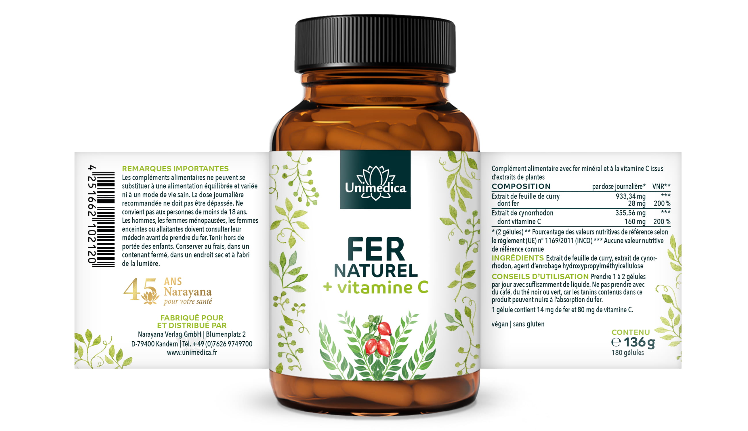 Lot de 2: Fer naturel issu d'extrait de feuille de curry + vitamine C issue d'extrait de cynorrhodon - 28 mg de fer + 160 mg de vitamine C par dose journalière  2 x 180 gélules - par Unimedica