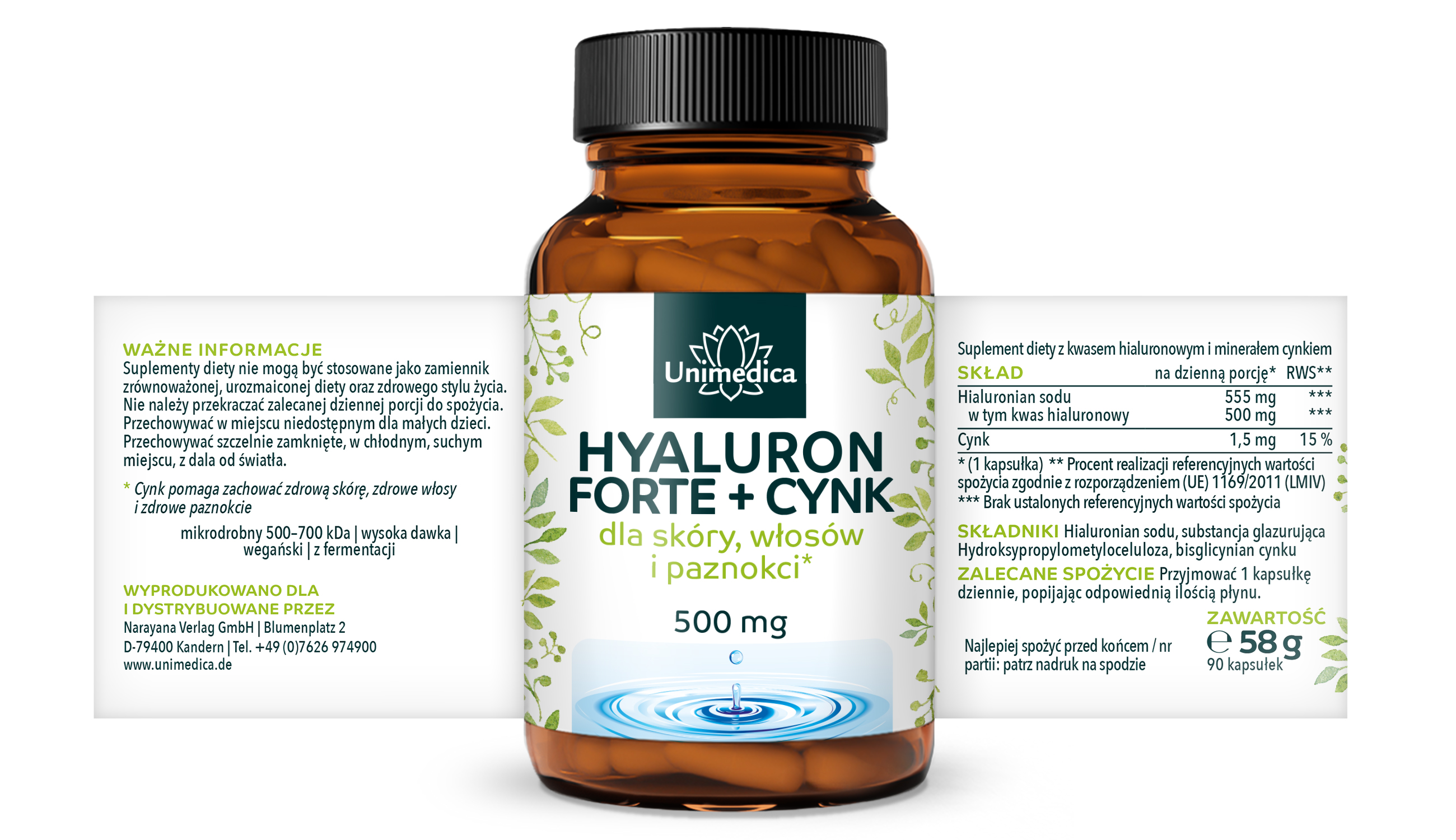 Hyaluron forte - z cynkiem dla skóry, włosów i paznokci* - 500 mg hialuronu na dobę (1 kapsułka) - wysokodawkowy - 90 kapsułek - od Unimedica
