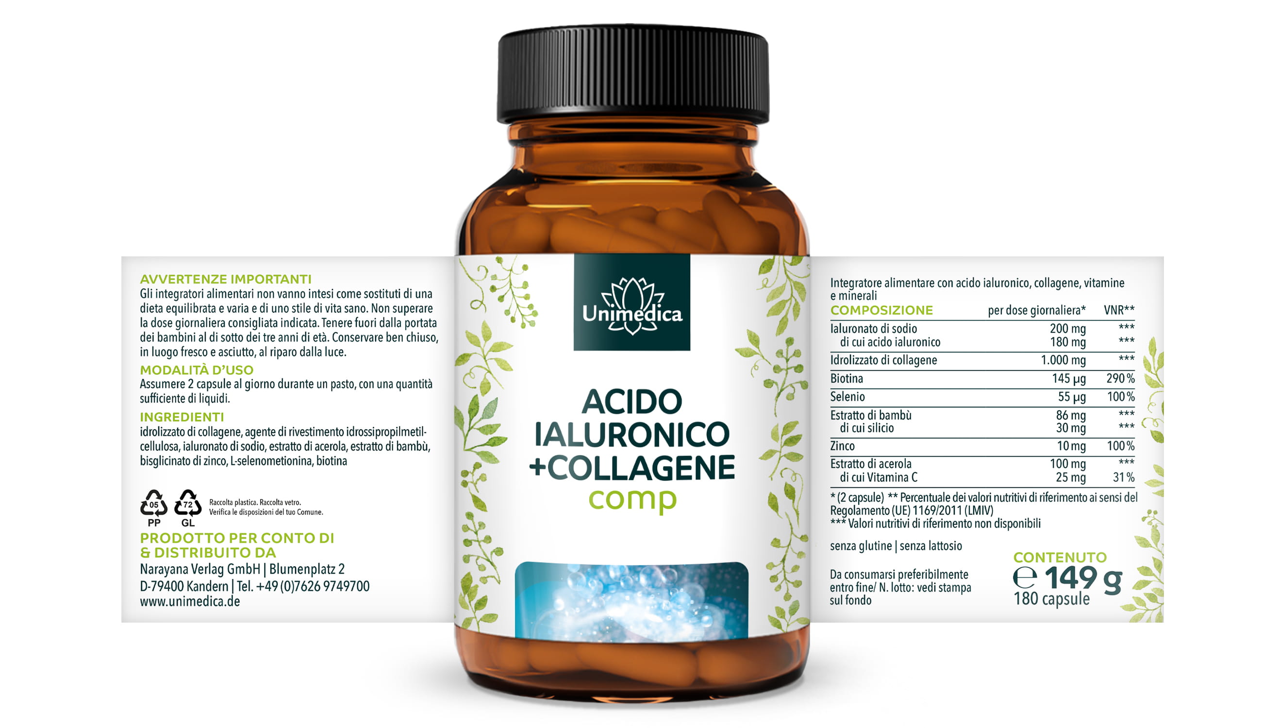Acido ialuronico + collagene comp. - con silicio da bambù, vitamine e minerali - 180 capsule - di Unimedica