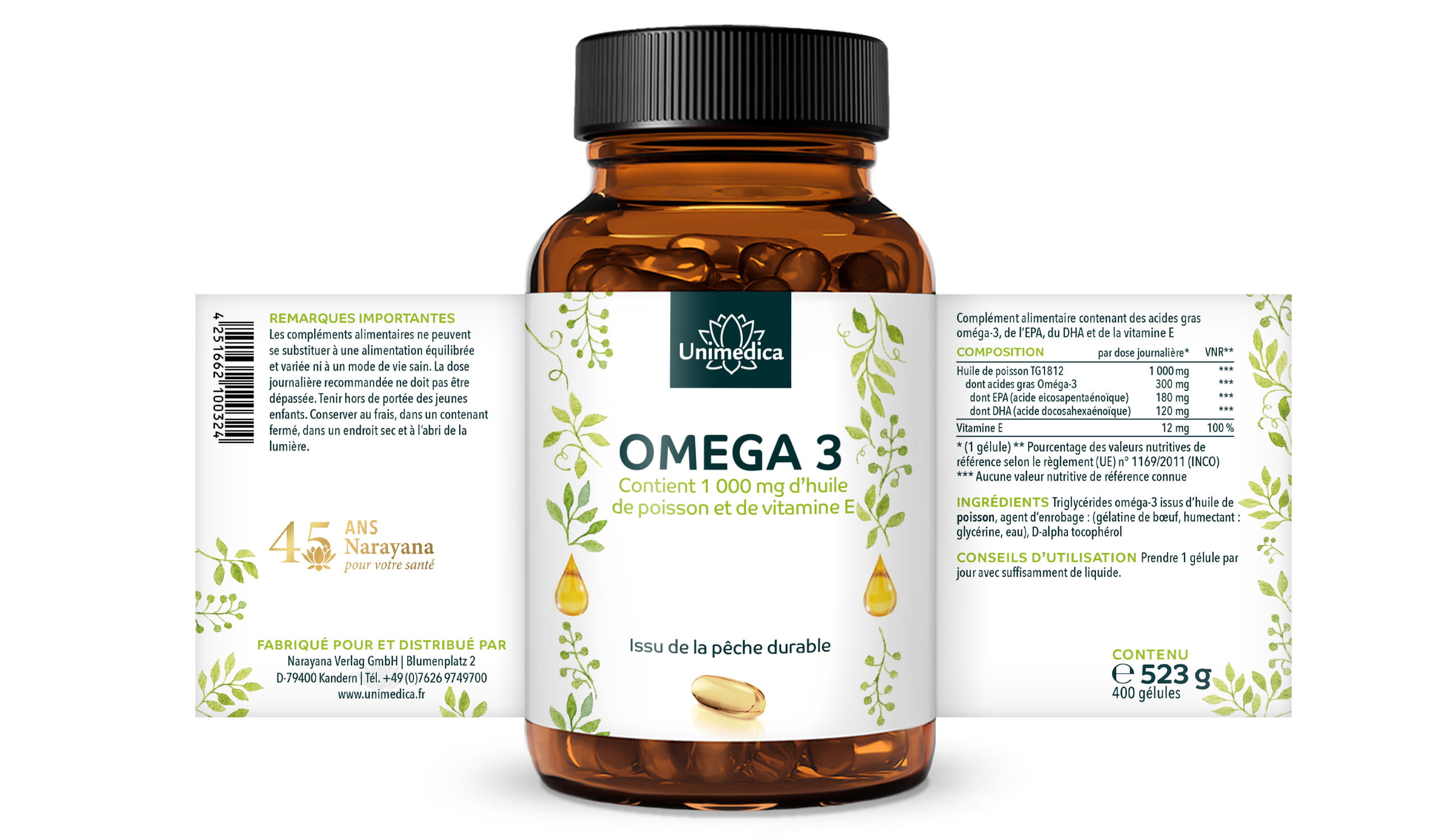 Huile de poisson aux oméga-3 -1000 mg - 400 gélules - Unimedica