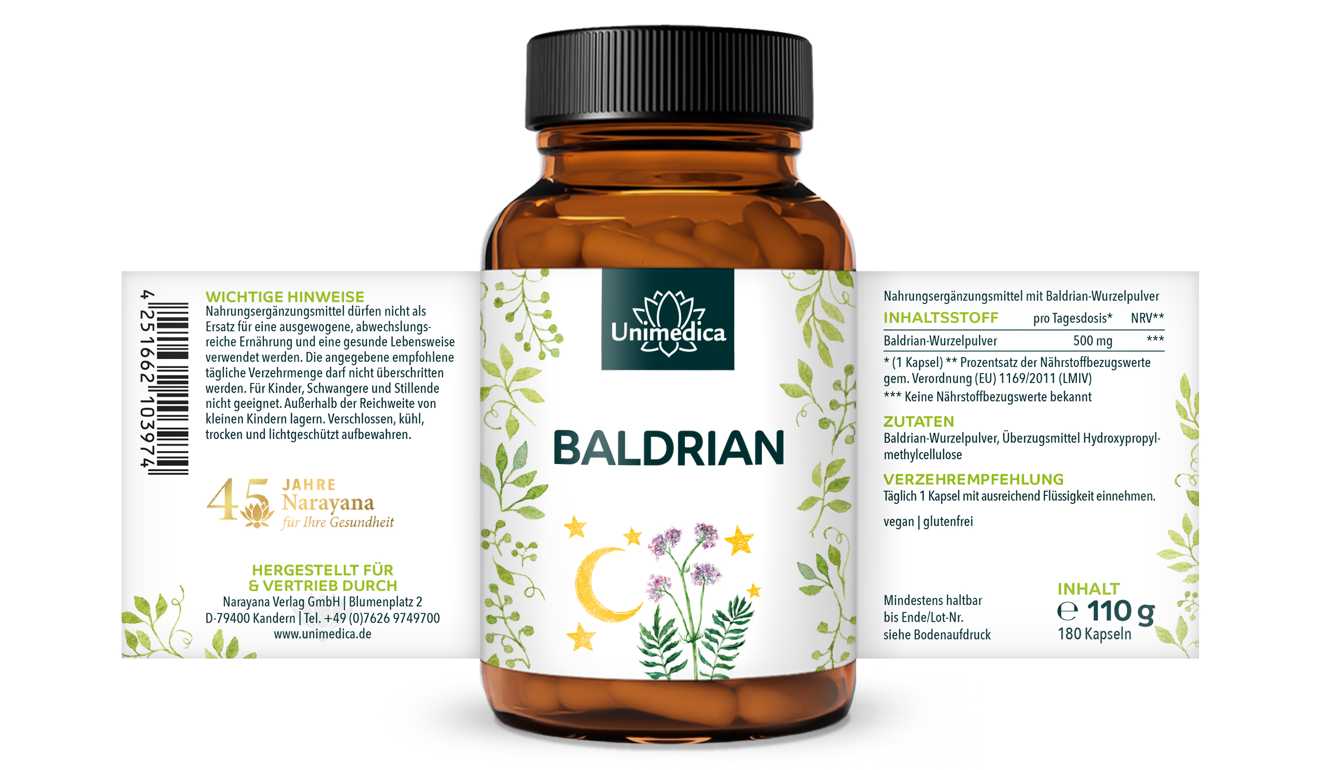 2er-Sparset: Baldrian -  500 mg pro Tagesdosis (1 Kapsel) - 2 x 180 Kapseln - von Unimedica