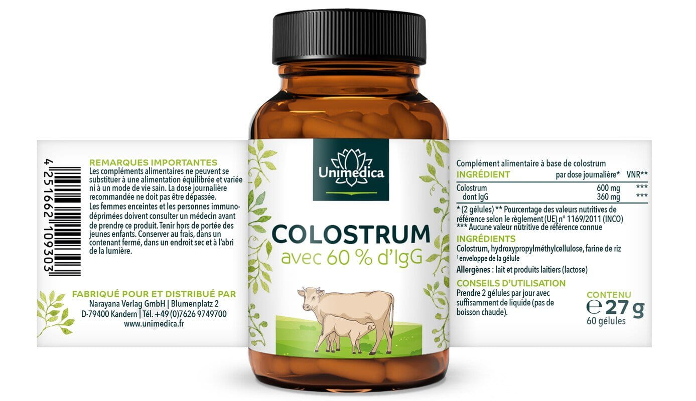 Colostrum - avec 60 % d'IgG - 600 mg par dose journalière - 60 gélules - par Unimedica