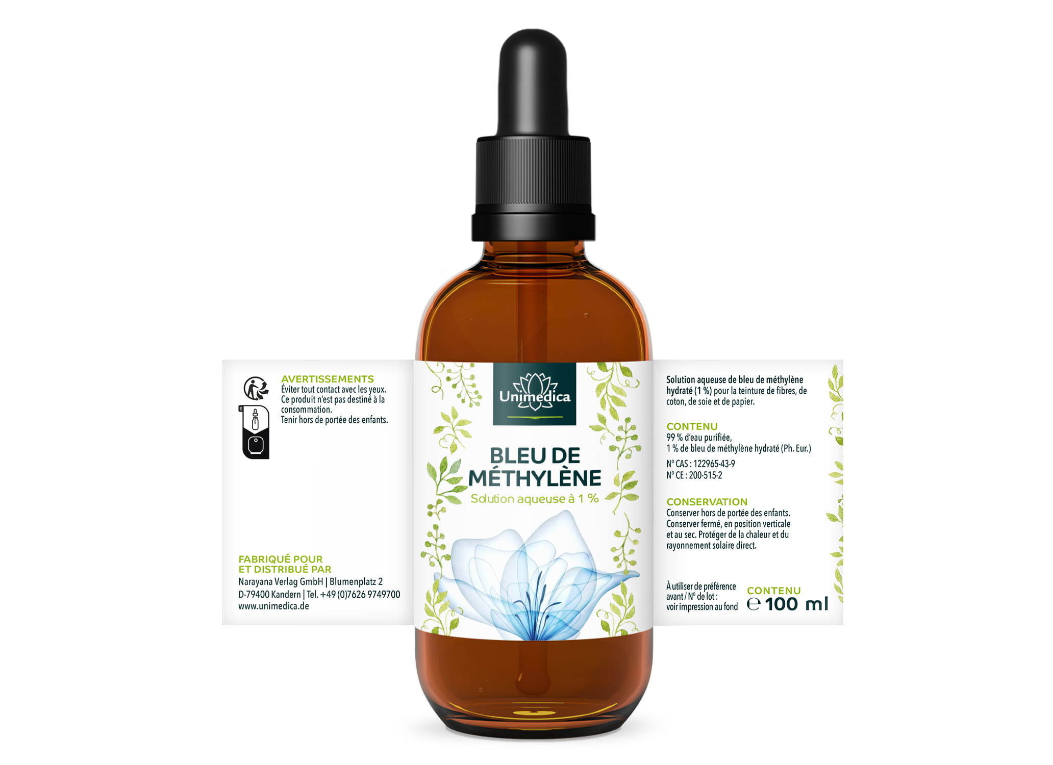 Bleu de méthylène  solution aqueuse à 1 % - pureté de 99,8 %  - exempt de métaux lourds - 100 ml  par Unimedica