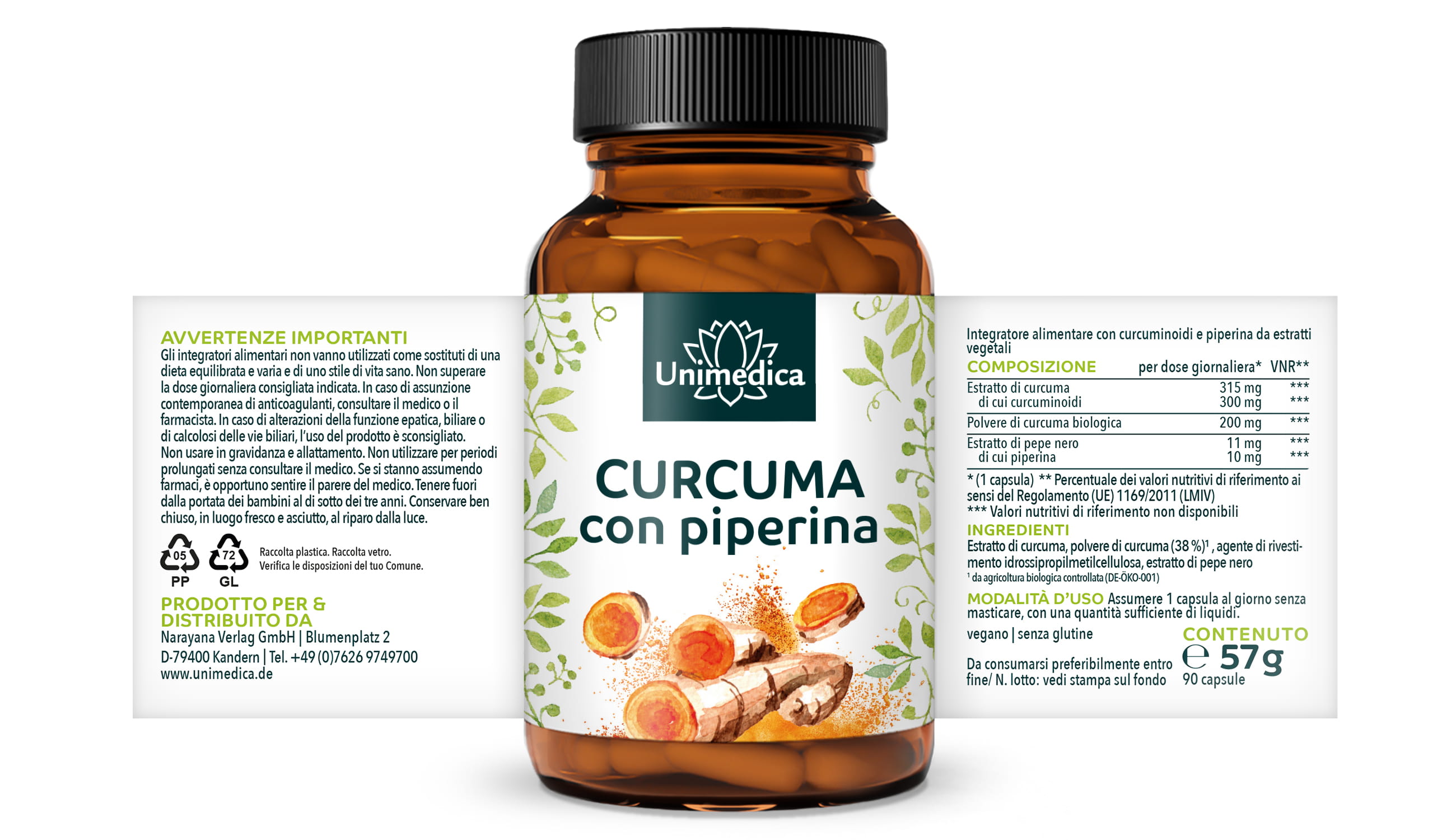 Curcuma con piperina - 300 mg di curcuminoidi e 10 mg di piperina per dose giornaliera (1 capsula) - 90 capsule - di Unimedica
