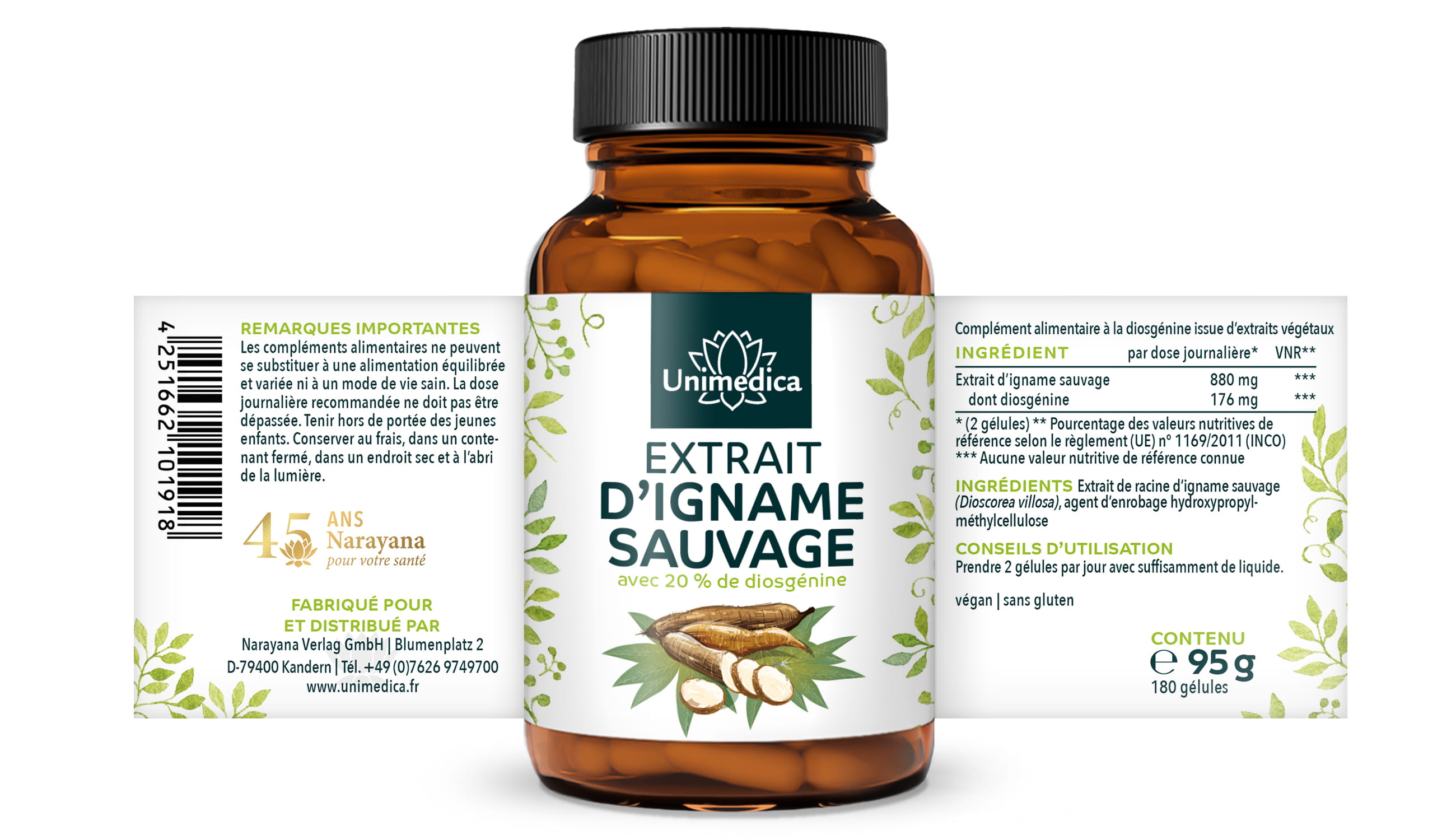 Extrait de Wild Yam  - 880 mg par dose journalière (2 gélules) - avec 20 % de diosgénine - 180 gélules - Unimedica