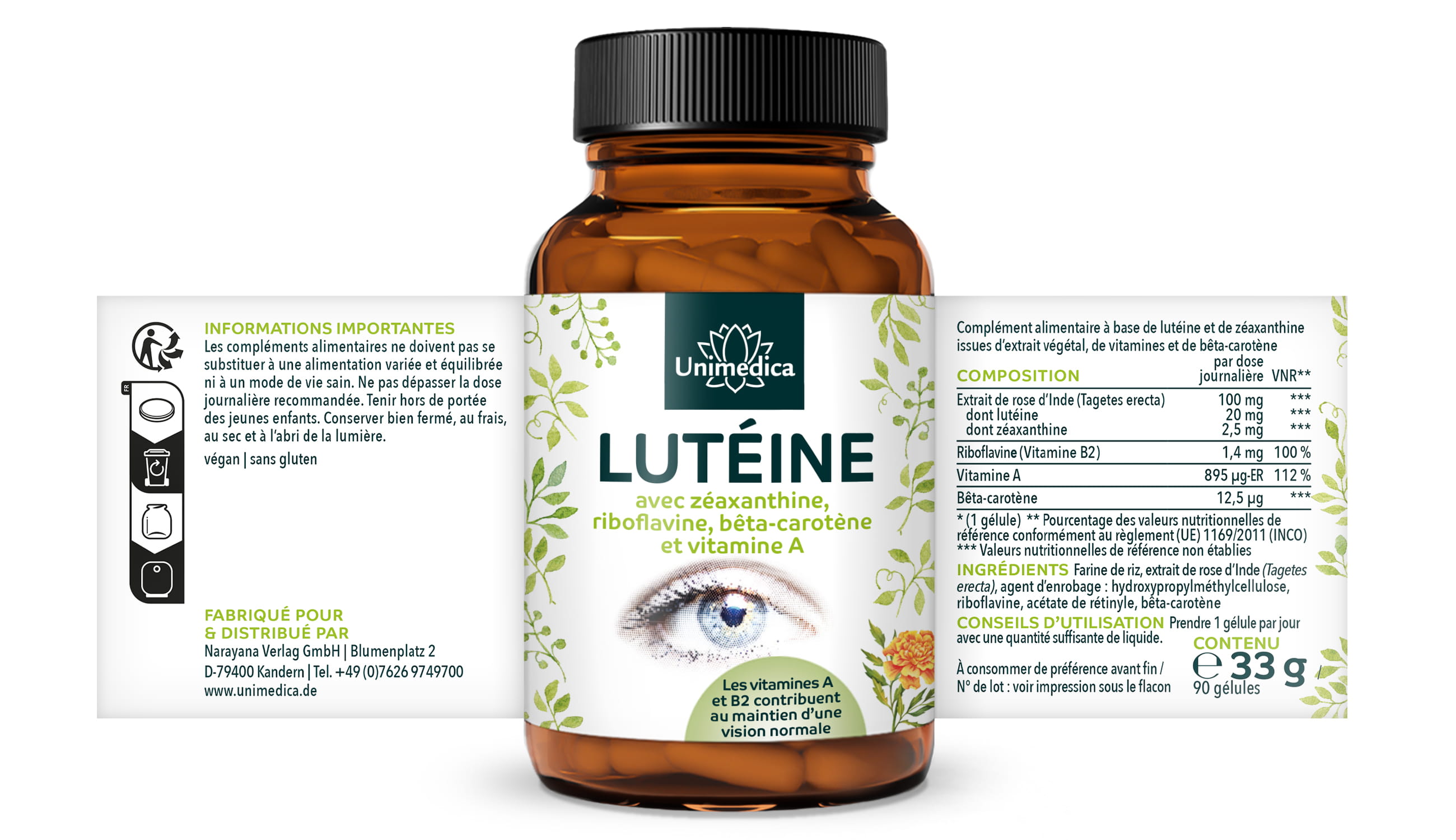 Lutéine - avec zéaxanthine + vitamine B2 + bêta-carotène + vitamine A - 90 gélules - par Unimedica