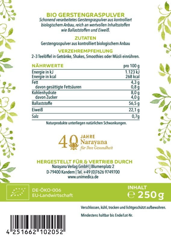 Bio Gerstengras Pulver - 250 g - aus Deutschland - von Unimedica