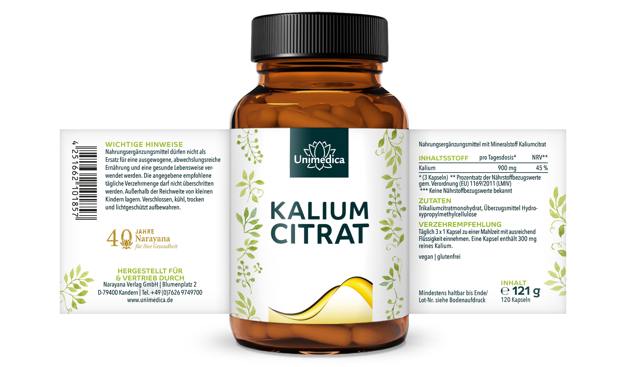 Kaliumcitrat mit L-Leucin - 900 mg pro Tagesdosis (3 Kapseln) - 90 Kapseln - von Unimedica