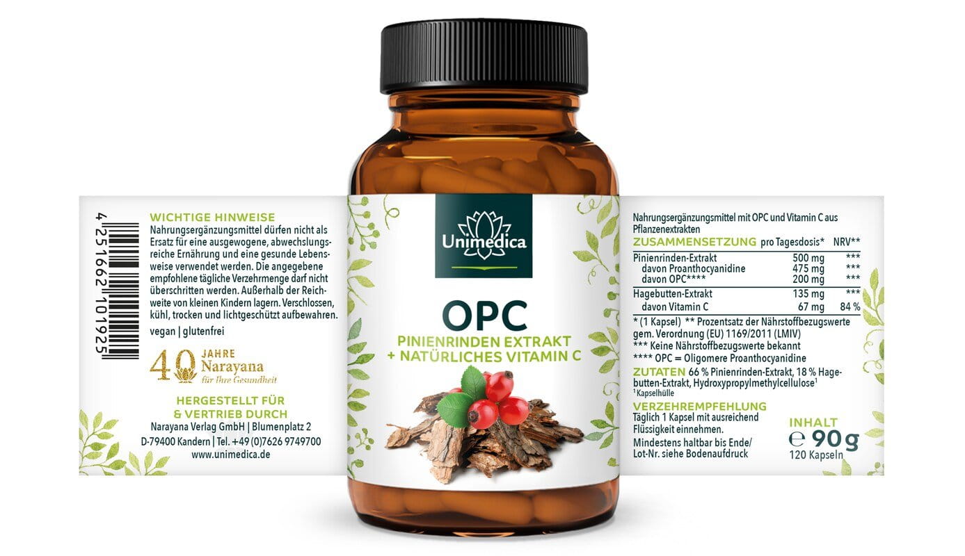 OPC Pinienrinden Extrakt + Vitamin C - 500 mg Pinienrinden-Extrakt pro Tagesdosis (1 Kapsel) - davon 200 mg OPC - 120 Kapseln - von Unimedica