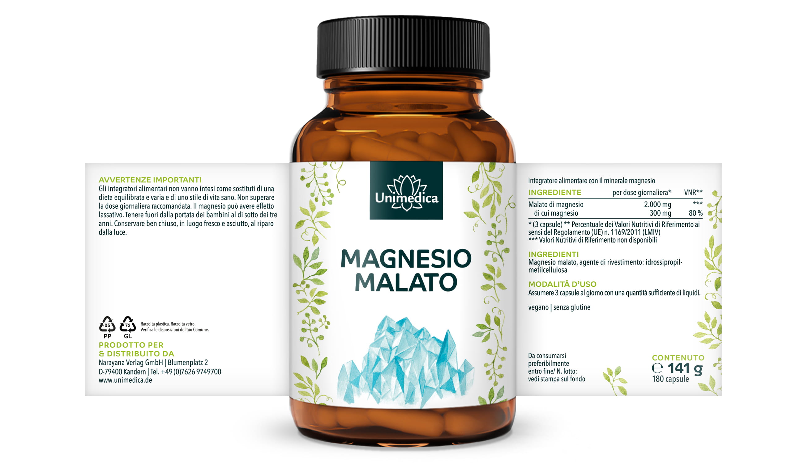 Magnesio malato - 300 mg di magnesio per dose giornaliera (3 capsule) - 180 capsule - di Unimedica