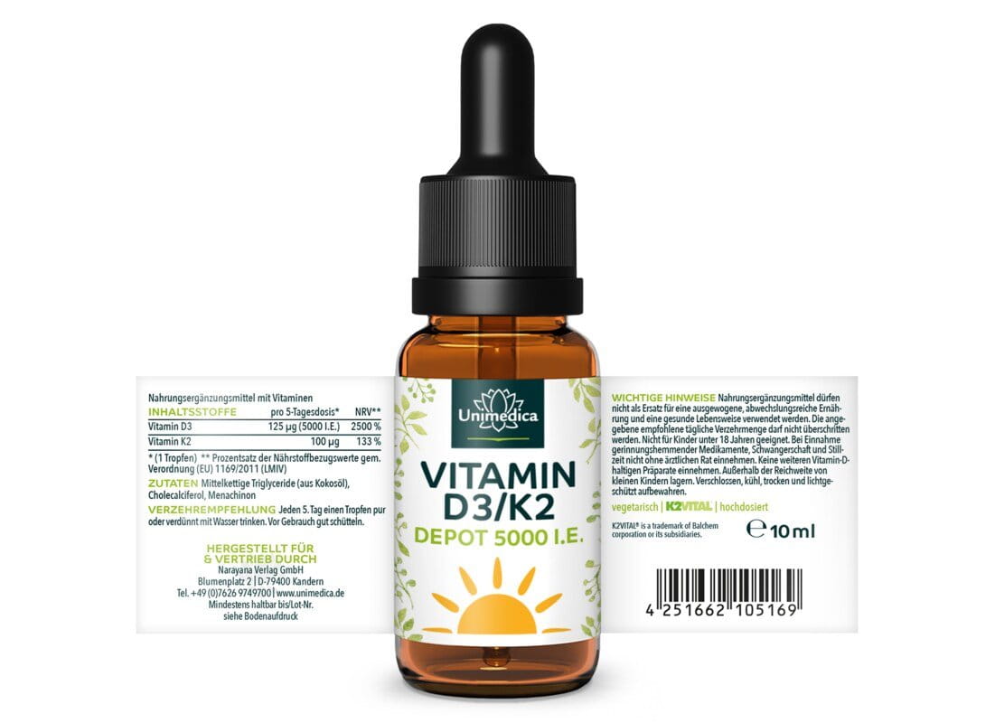 Vitamin D3 / K2 5000 I.E. - DEPOT - K2VITAL® - 125 µg D3 und 100 µg K2 pro 5-Tagesdosis (1 Tropfen) - 10 ml - von Unimedica
