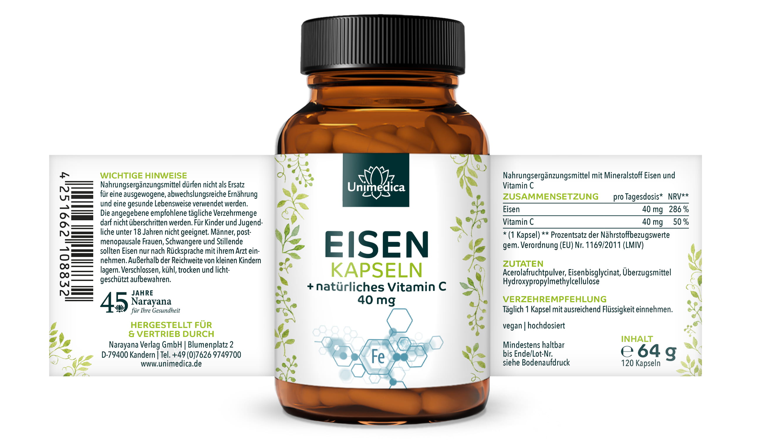 Eisen Kapseln - Eisenbisglycinat - mit natürlichem Vitamin C - 120 Kapseln - von Unimedica