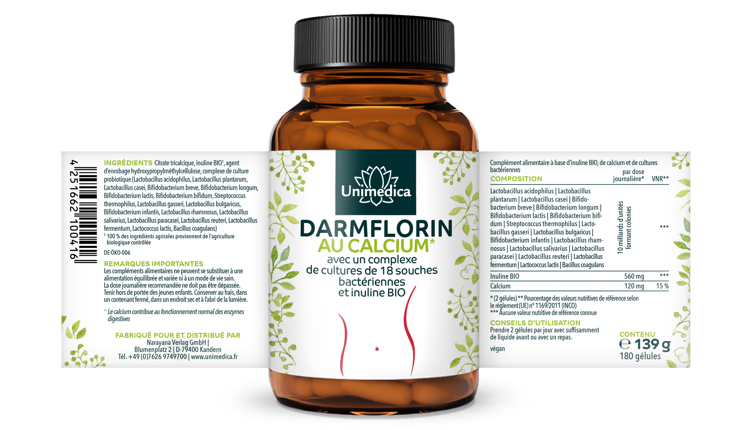 Lot de 2: Darmflorin avec calcium - avec complexe de cultures de 18 souches bactériennes et inuline BIO - 2 x 180 gélules - par Unimedica