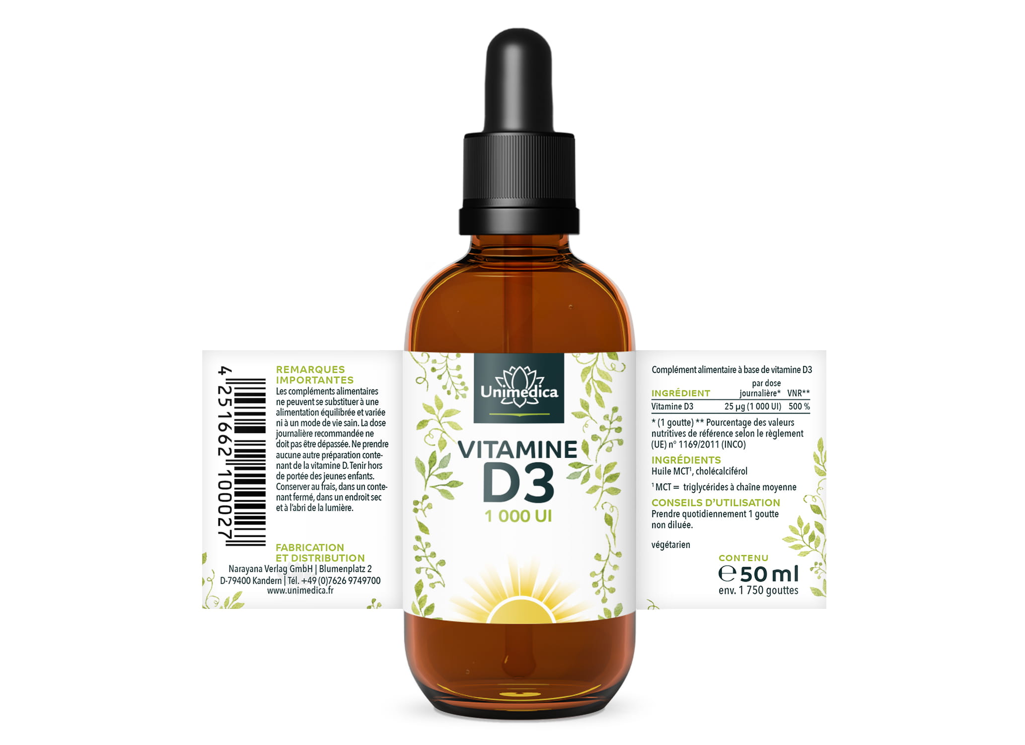 Vitamine D3 gouttes - 1000 U.I./25 µg par dose journalière - 50 ml - Unimedica