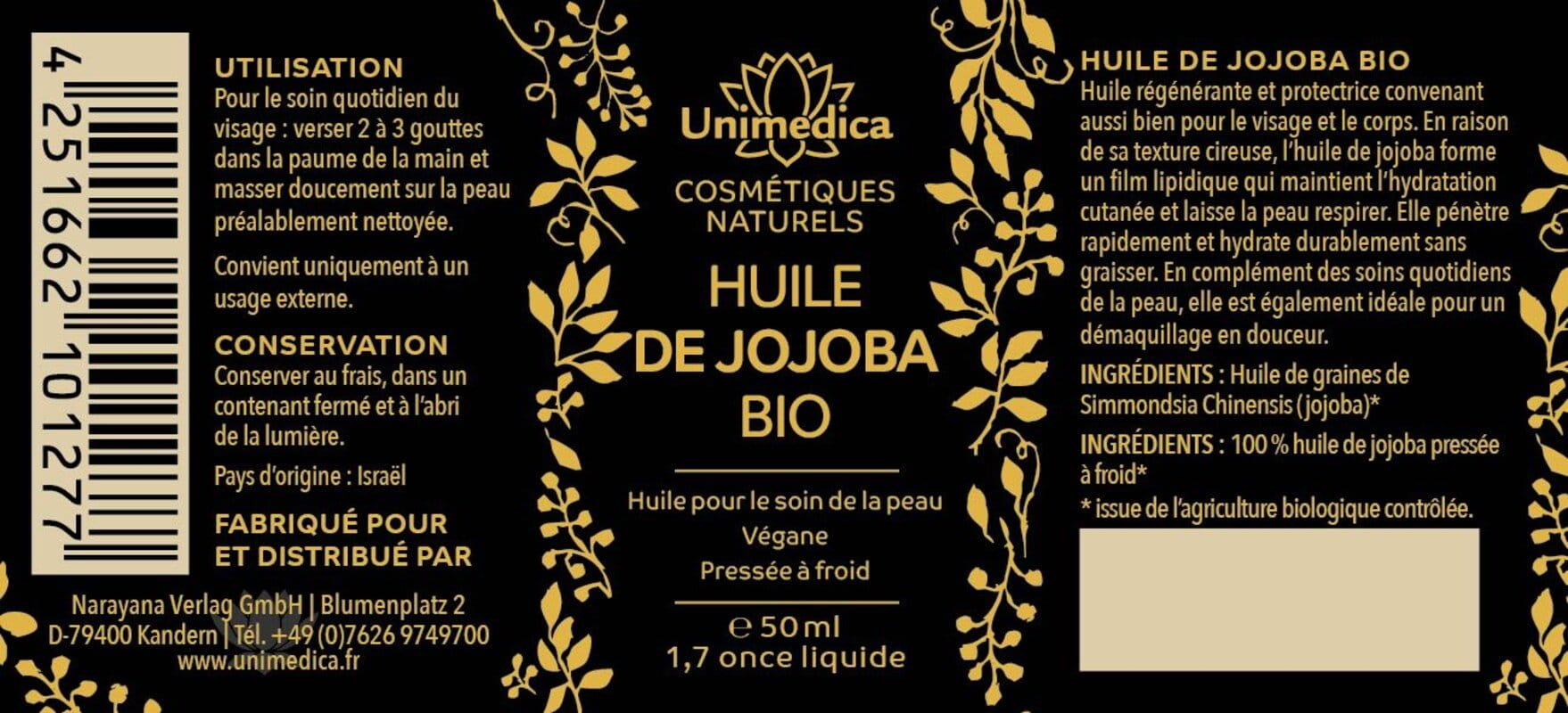 Lot de 2: Huile de jojoba bio - 2 x 50 ml - par Unimedica
