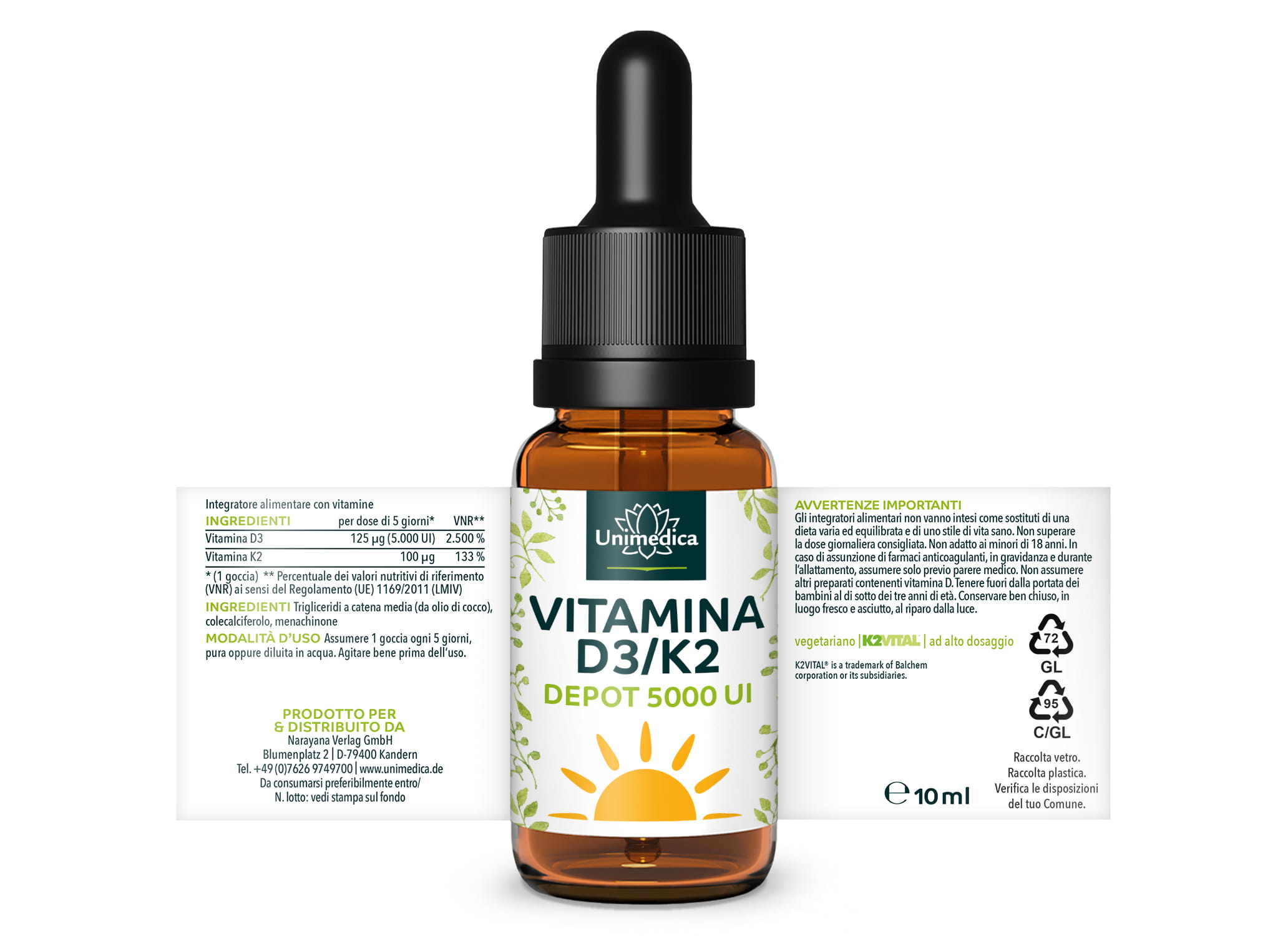 Vitamina D3/K2 5000 UI - a rilascio prolungato - K2VITAL® - 125 µg D3 e 100 µg K2 per dose di 5 giorni (1 goccia) - 10 ml - di Unimedica