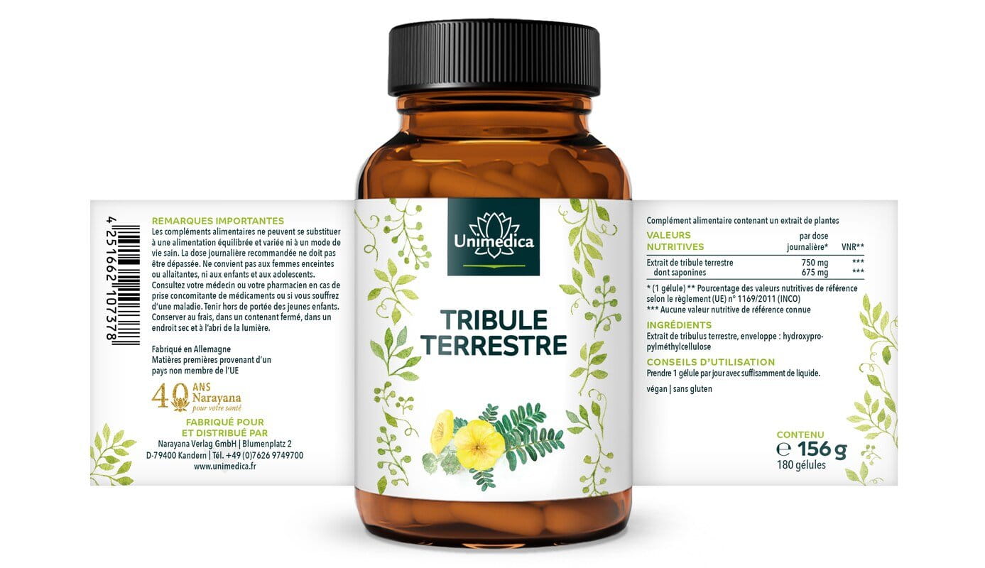 Tribule terrestre - dont 90 % de saponines - 750 mg d'extrait de tribule terrestre par dose journalière (1 gélule) - 180 gélules - par Unimedica