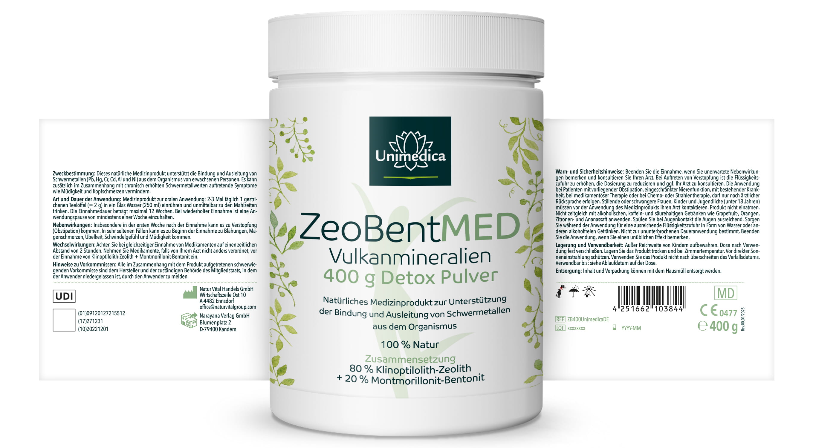 ZeoBent MED Detox Pulver mit Zeolith und Bentonit - 400 g - von Unimedica