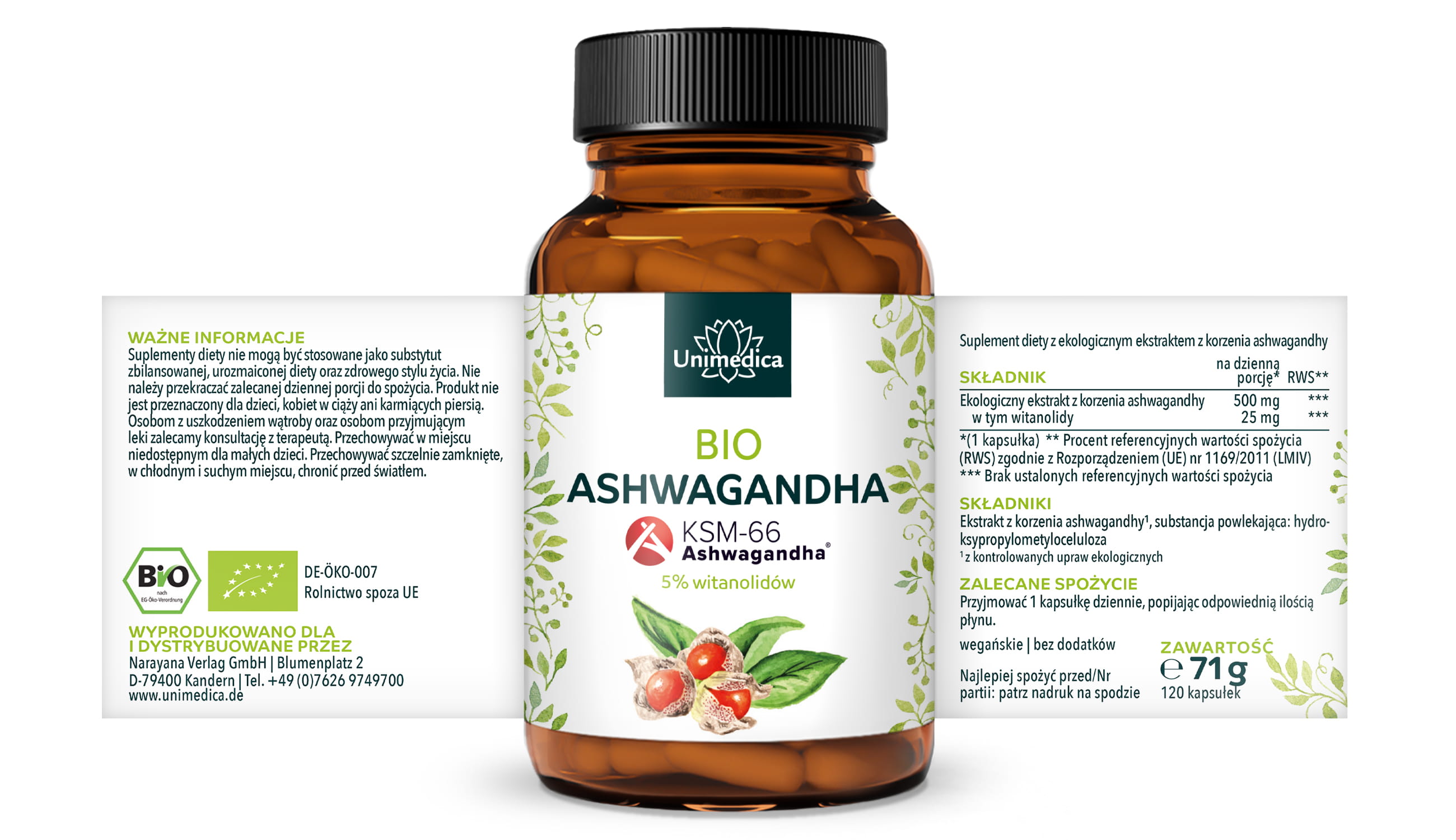 Bio Ashwagandha KSM 66® - 500 mg na dawkę dzienną (1 kapsułka) - 5% withanolidów - 120 kapsułek - od Unimedica