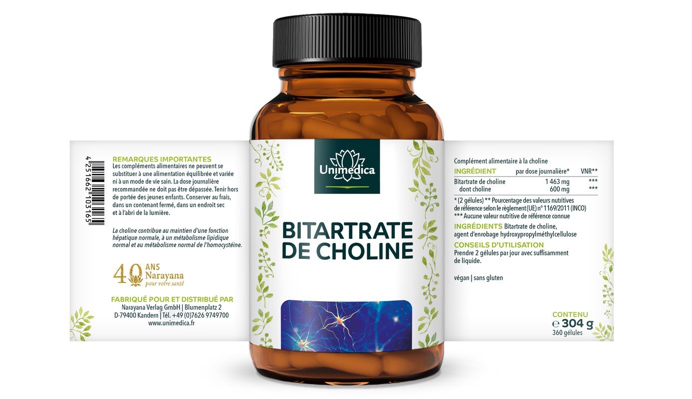 Bitartrate de choline - 600 mg de choline par dose journalière (2 gélules) - 360 gélules - de Unimedica