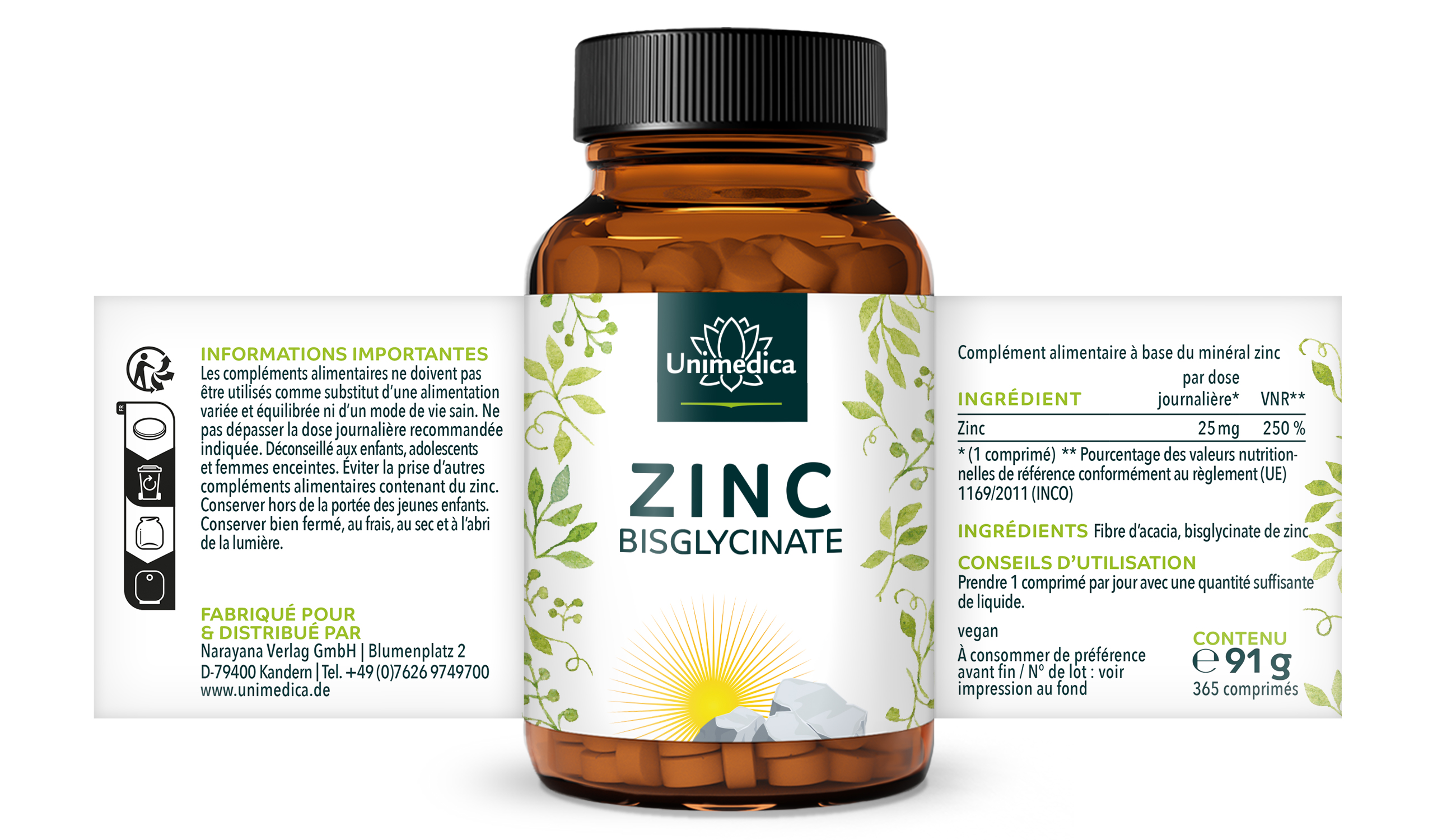 Zinc Bisglycinate - 25 mg par dose journalière - fortement dosé - 365 comprimés - de Unimedica