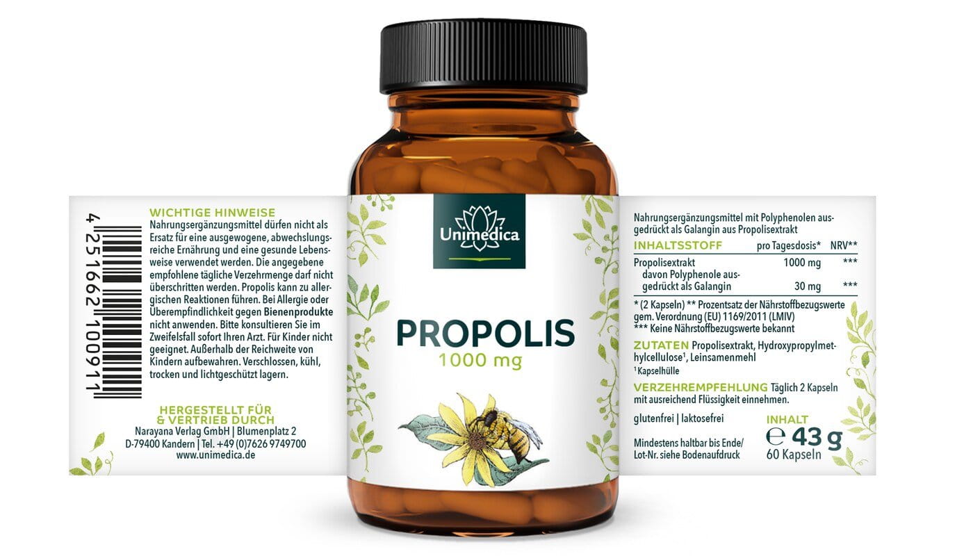 2er-Sparset: Propolis Kapseln - 1000 mg Polyphenole pro Tagesdosis (2 Kapseln) - 2 x 60 Kapseln - von Unimedica