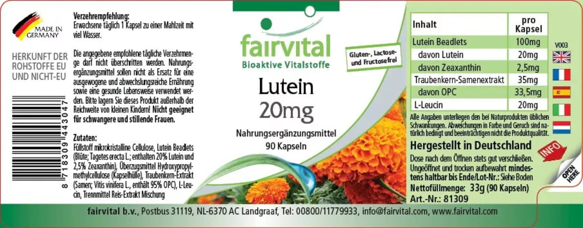 Lutein 20 mg mikroverkapselt - fairvital - 90 Kapseln