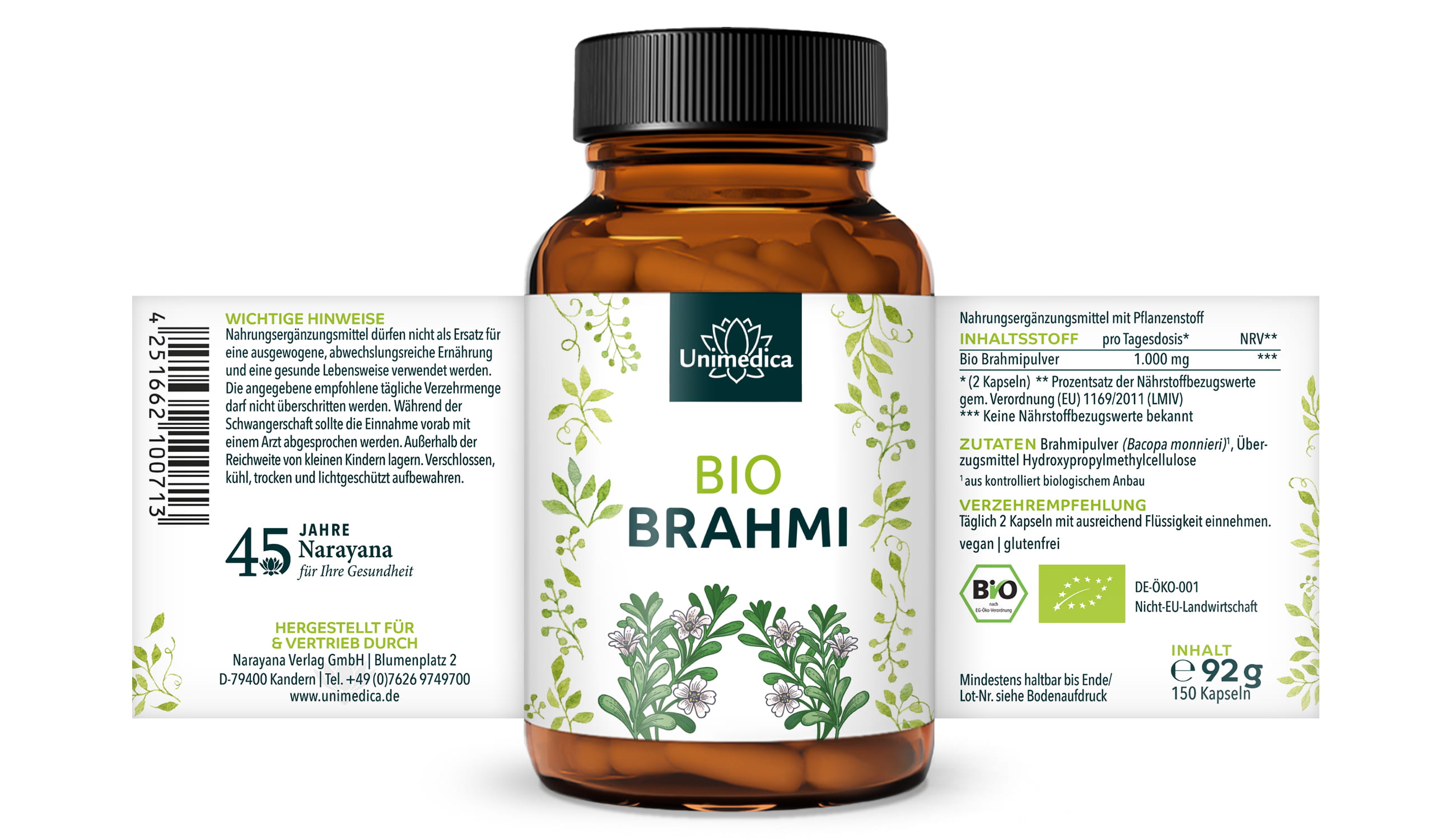 Bio Brahmi - 1.000 mg pro Tagesdosis (2 Kapseln) - 150 Kapseln - von Unimedica