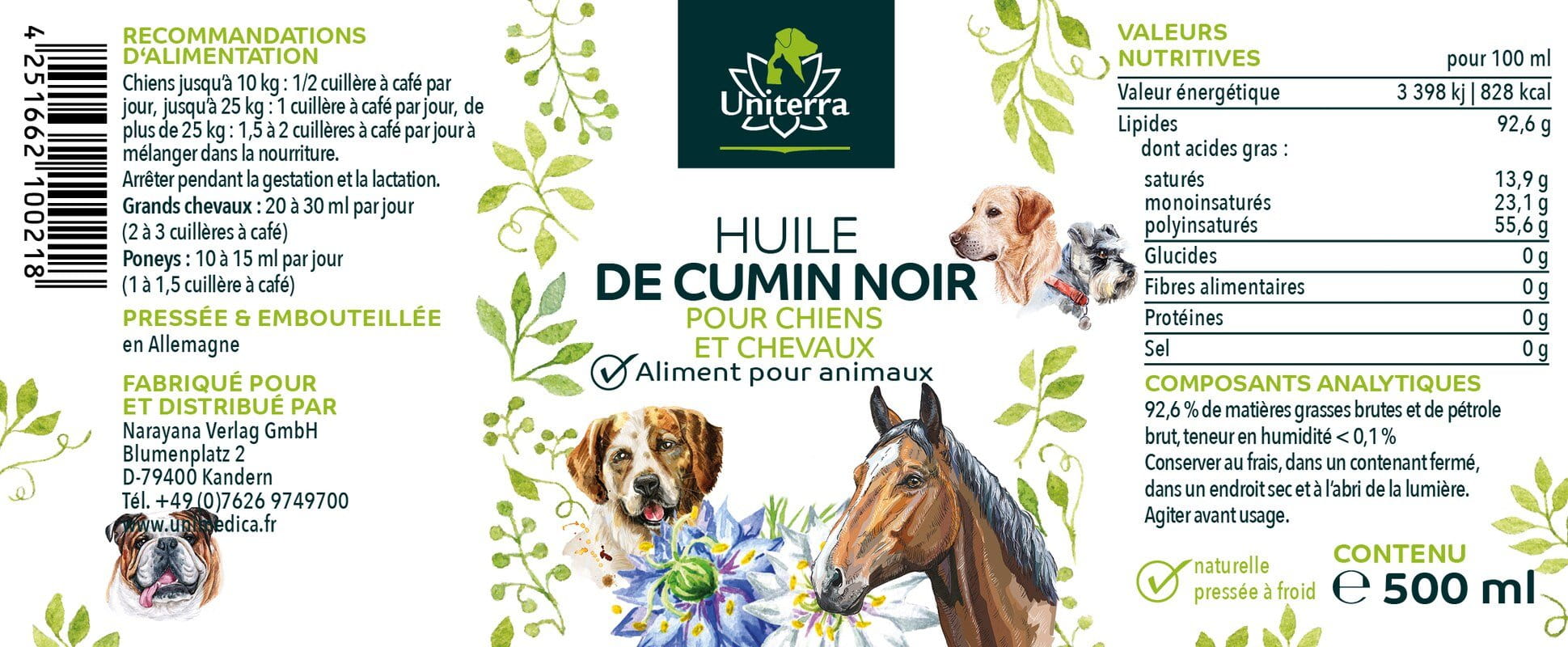 Huile de nigelle (cumin noir) pour chiens et chevaux - pressé à froid - 500 ml - d'Unimedica