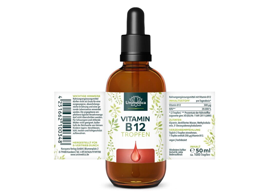 Vitamin B12 Tropfen - mit 500 µg Vitamin B12 pro Tagesdosis (2 Tropfen) -  ohne Alkohol -  VEGAN - 50 ml - von Unimedica