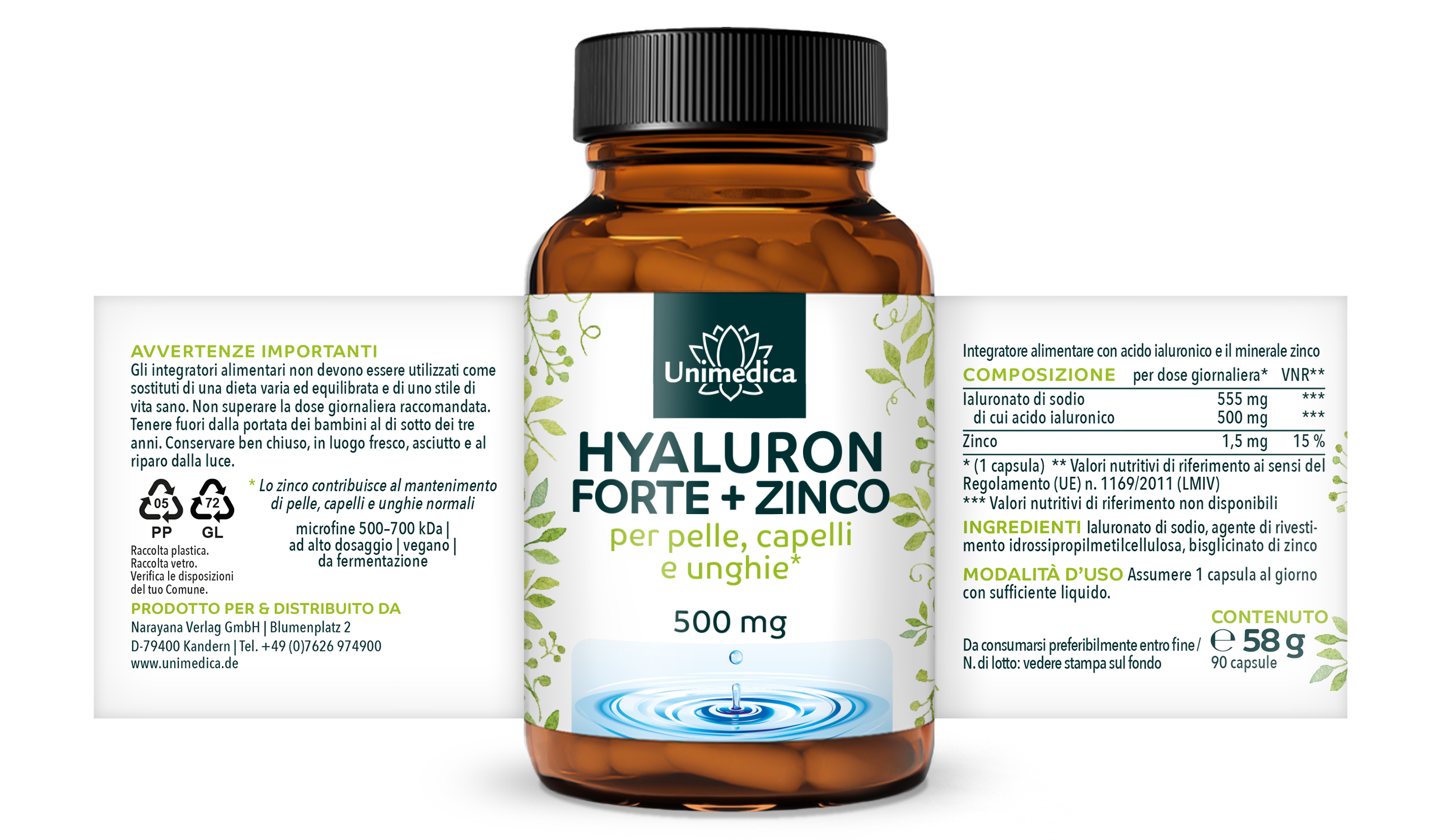 Hyaluron forte - con zinco per pelle, capelli e unghie* - 500 mg di acido ialuronico per dose giornaliera (1 capsula) - ad alta concentrazione - 90 capsule - di Unimedica