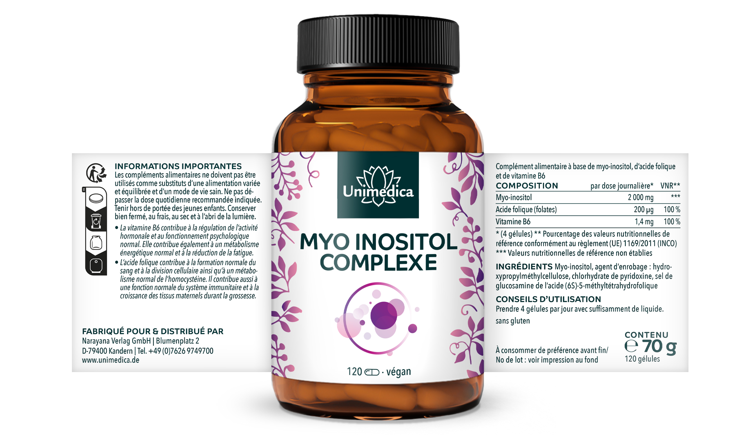 Complexe myo-inositol  avec folates et vitamine B6 - 120 gélules - par Unimedica